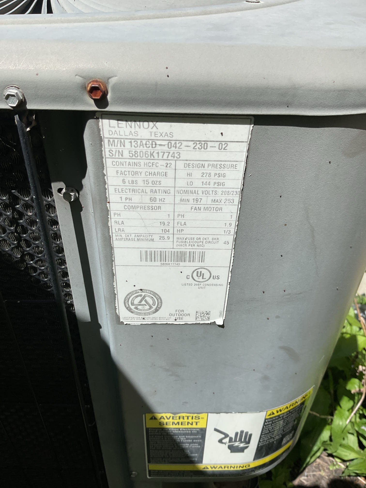 Completed AC tune up for 3.5 Ton Lennox AC system
Equipment is gas funace/AC dates to 2006. 20 years old 

Replaced 16x25x1 filter
Outdoor Coil Ok, indoor coil very rusted. 
Inspected wiring, controls, electric motors and components; left estimates for surge protectors. Indoor control has some areas of concern, hot spots. Provided estimate to replace. 
Measured temperature split (66-46) and static pressure 
Inspected drains; system lacks water safeties. Provided estimates for these, 
Checked integrity of compressor motor (mega ohm test)

Assessed refrigerant charge checked R22 pressures and diagnostics 174/65 1.5SH 9° SC Ok

AC system operating well at this time however lacks drain safeties and surge protection. It is well past the recommended replacement age. Major repairs will be expensive. Estimates have been provided. My professional recommendation is to replace the system. Consultations are free from Dibiase. 

Homeowner renewed plan membership today. 