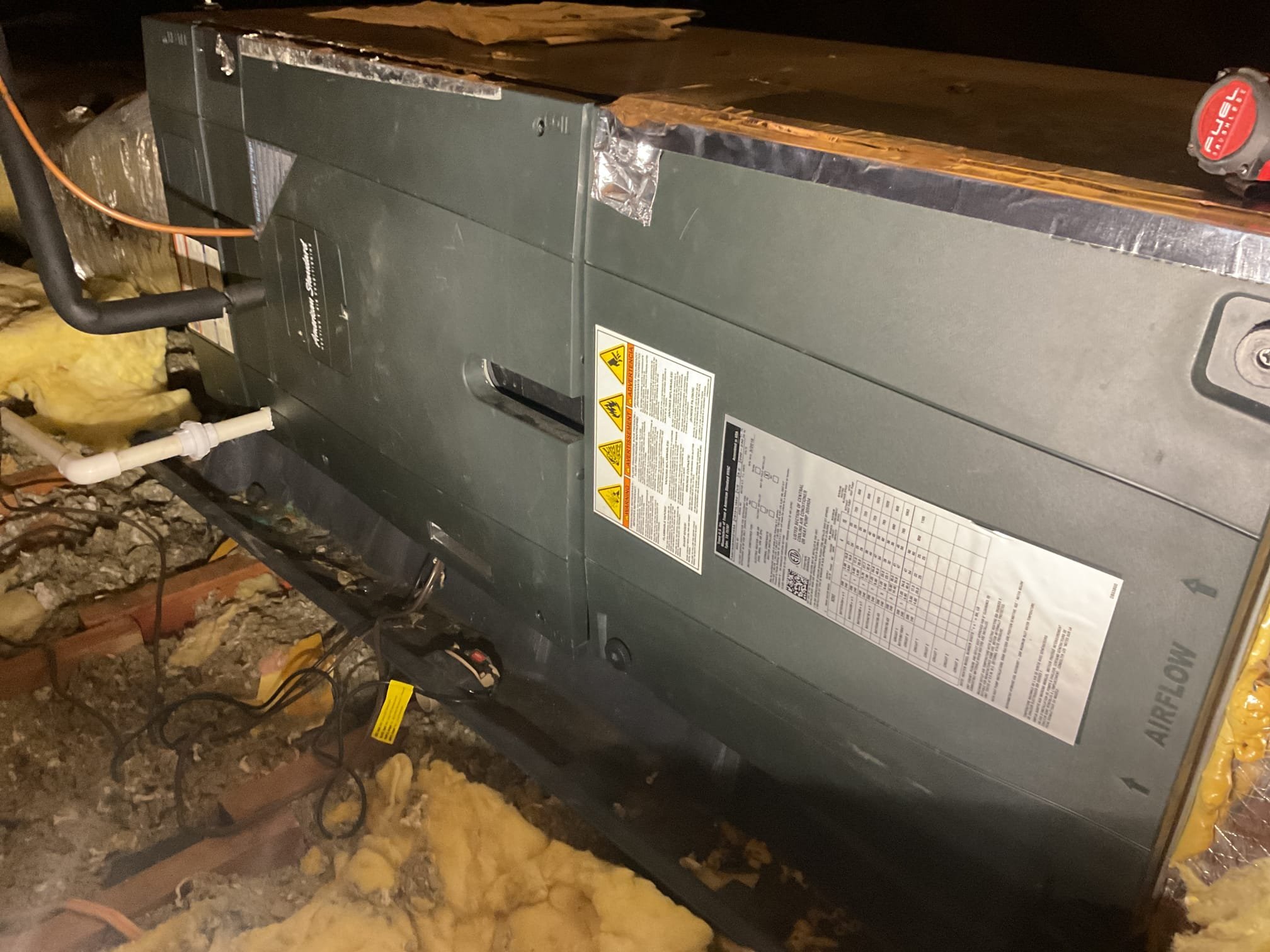 Fully assessed no cooling situation on 2016 American standard a/c located in the attic. Found thermostat not lite up. Homeowner mentioned to me that the system was serviced by another company 2 weeks ago. Found door not secured to air handler and not pushing on door switch to make contact . Re screwed door in place and everything came on. Tested out system and provided information about our maintenance plan. R410 a refrigerant pressures were 282/127. Subcooling was a little low it was 4 subcooling. A/c is working properly at time of service. 
