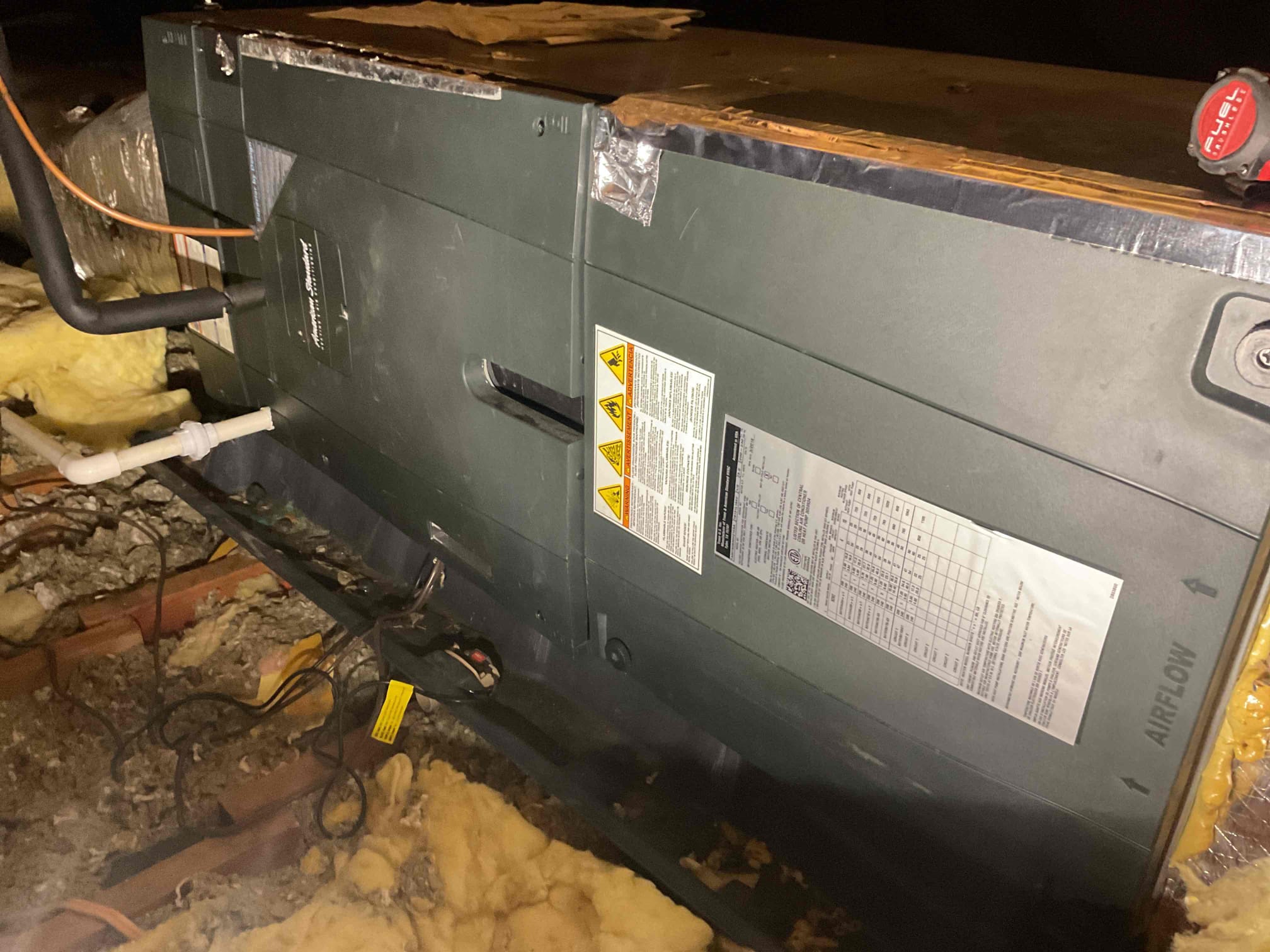 Fully assessed no cooling situation on 2016 American standard a/c located in the attic. Found thermostat not lite up. Homeowner mentioned to me that the system was serviced by another company 2 weeks ago. Found door not secured to air handler and not pushing on door switch to make contact . Re screwed door in place and everything came on. Tested out system and provided information about our maintenance plan. R410 a refrigerant pressures were 282/127. Subcooling was a little low it was 4 subcooling. A/c is working properly at time of service. 