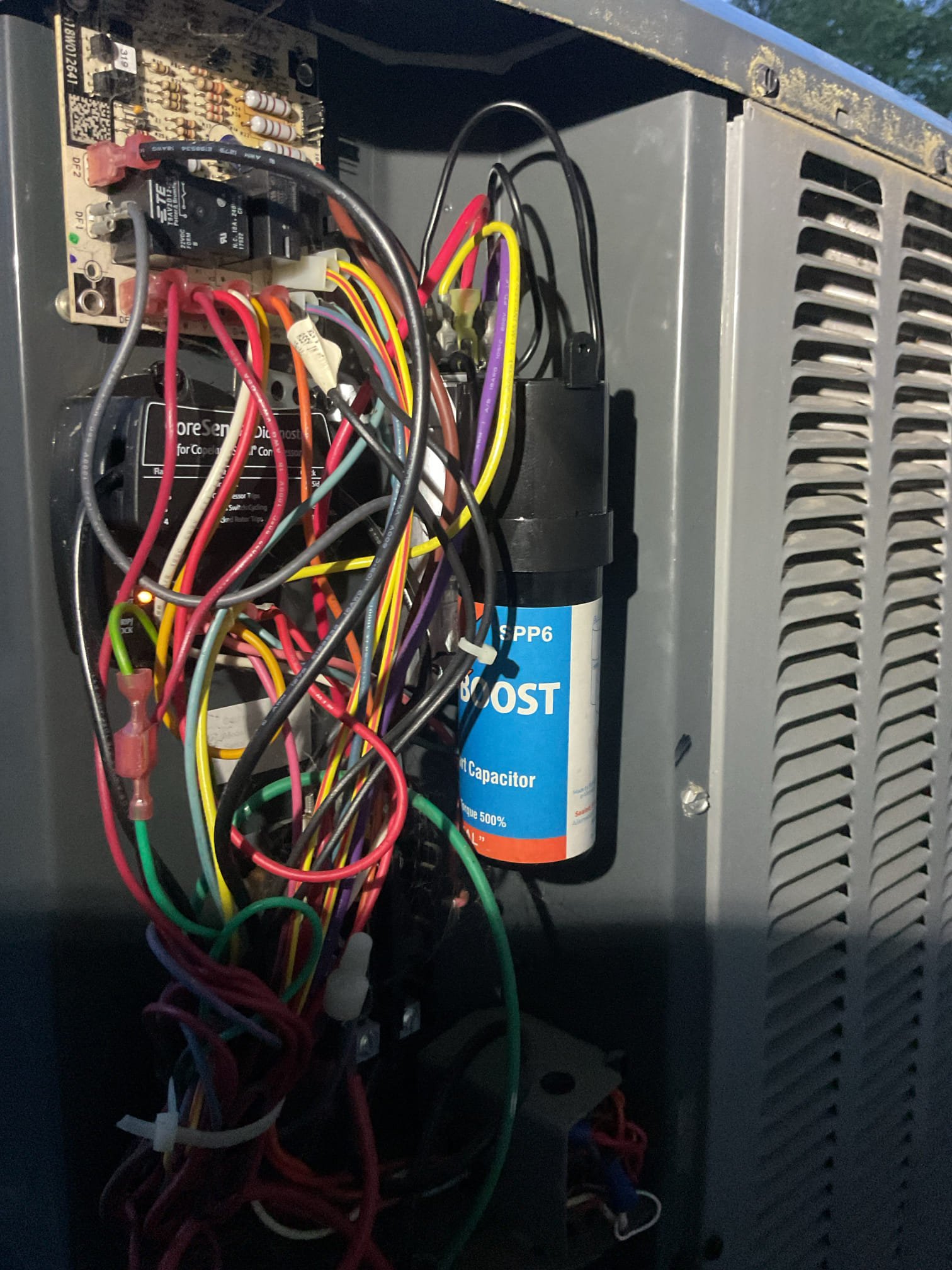 Arrived for no cooling
Equipment is 2.5 Ton HP with 10KW electric heat kit. Installed 6/5/2019 for a different homeowner

-Replaced 16x20x1 MERV 8 filter provided by homeowner.
-Made demand for cooling from thermostat. At this point no operation from outdoor equipment 
-Found 4 red flash at core sense diagnostic module. 
-Used meter to confirm failed capacitor is cause of issue. Capacitor was reading 0 uF. 

Offered to replace dual run capacitor AND install SPP6 start assist. I explained that the start assist is an additional relay and capacitor that will reduce energy required to get compressor started and overcome starting torque/resistance. Will reduce inrush current.

Homeowner agreed.-
-Installed SPP6 start assist and replaced failed 35/5 uF capacitor 
- tested system. Refrigerant diagnostics good
-temperature split 57-78=21° Good
- Brushed out EZ trap and tested pump

System operating well at this time. Please Allow for a couple hours of operation to get the heat out of the house