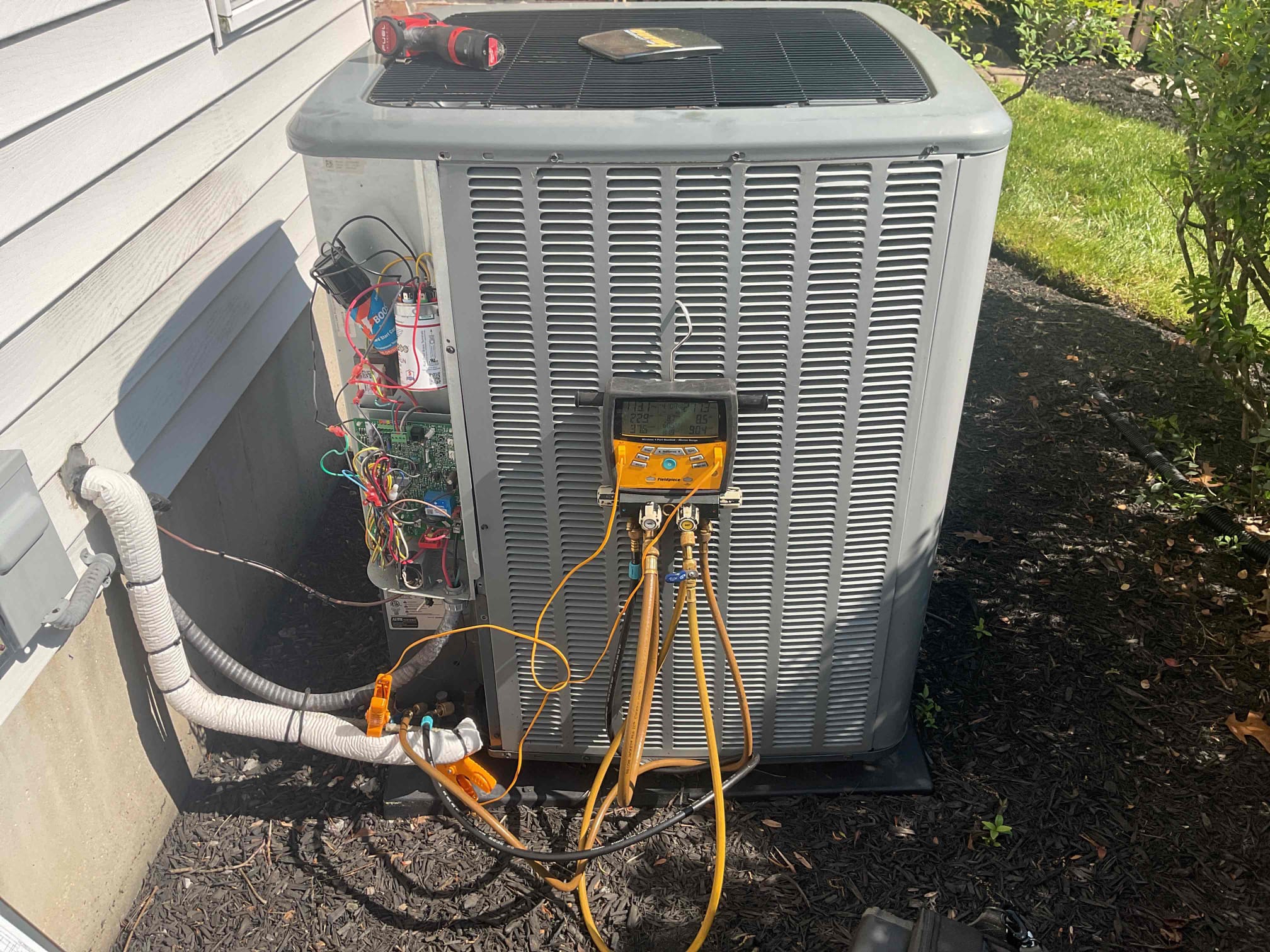Fully assessed no cooling situation on 2021 amana heat pump system. Found blower running inside at furnace, but nothing running outside. Found heat pump locked out on an L1 error code which means “low pressure lock out”. Found standing pressure of 254 psi in the system. Made sure low pressure switch was closed with the unit off which it was. Reset power and tested operation. Ran system for about 20 minutes and checked pressures they were 286/115 with 8.2 subcooling very good.  Checked temperature split it was 29 degrees. 16x25x1 air filter was some what dirty, homeowner to replace. Recommended installing an ecm surge protector for blower motor. Possibly just a fluke issue with the low pressure lock out. Told homeowner to keep an eye on it. A/c is working properly at time of service. 