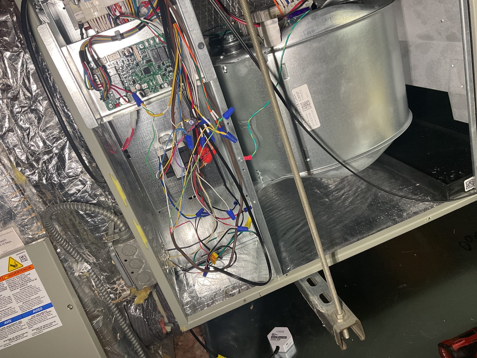 5/20/26. Fully assessed intermittent no cooling issue on recently installed trane a/c system. Looked over all low voltage wiring at outdoor and indoor units. Made sure all connections were good inside wire nut connections. Checked over the Manuel’s to make sure all was correct, everything was wired correctly. Found a that water was dripping from the front corner of the air handler on the coil side. Opened up air handler cabinet and found the condensation was dripping out the drain pan at this corner of the pan and the air handler was not level. Found the water was up to the midigation sensor, found online that this can cause false refrigerant leak on the the sensor and shut off the outside unit and the indoor will continue to run. This is what Barbara described was happening. The air handler should stay running but not the outside unit. Re leveled the air handler by adjusting the all thread and unistrut. Poured water in drain pan now it is draining correctly. When we return at some poi