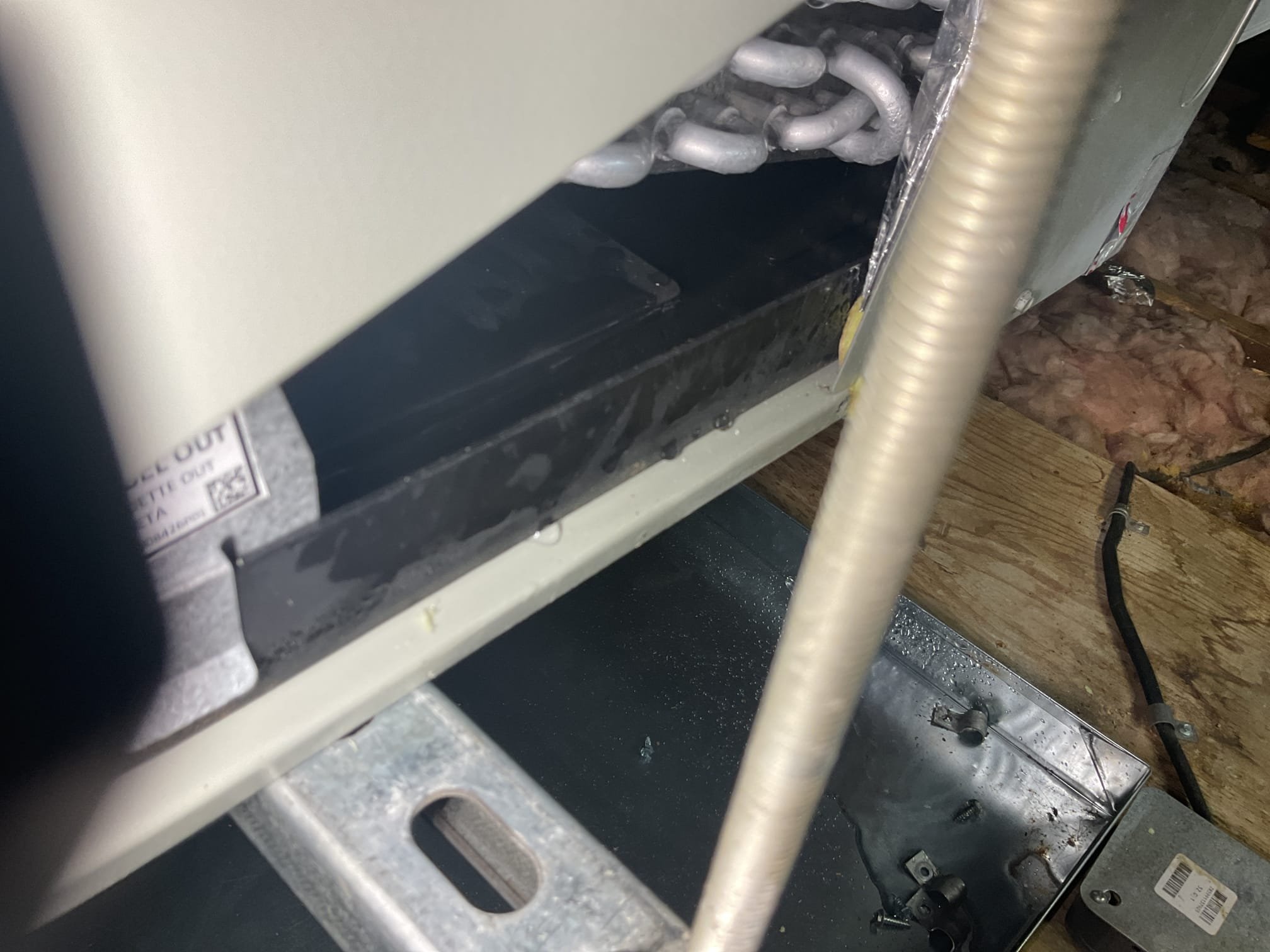 5/20/26. Fully assessed intermittent no cooling issue on recently installed trane a/c system. Looked over all low voltage wiring at outdoor and indoor units. Made sure all connections were good inside wire nut connections. Checked over the Manuel’s to make sure all was correct, everything was wired correctly. Found a that water was dripping from the front corner of the air handler on the coil side. Opened up air handler cabinet and found the condensation was dripping out the drain pan at this corner of the pan and the air handler was not level. Found the water was up to the midigation sensor, found online that this can cause false refrigerant leak on the the sensor and shut off the outside unit and the indoor will continue to run. This is what Barbara described was happening. The air handler should stay running but not the outside unit. Re leveled the air handler by adjusting the all thread and unistrut. Poured water in drain pan now it is draining correctly. When we return at some poi