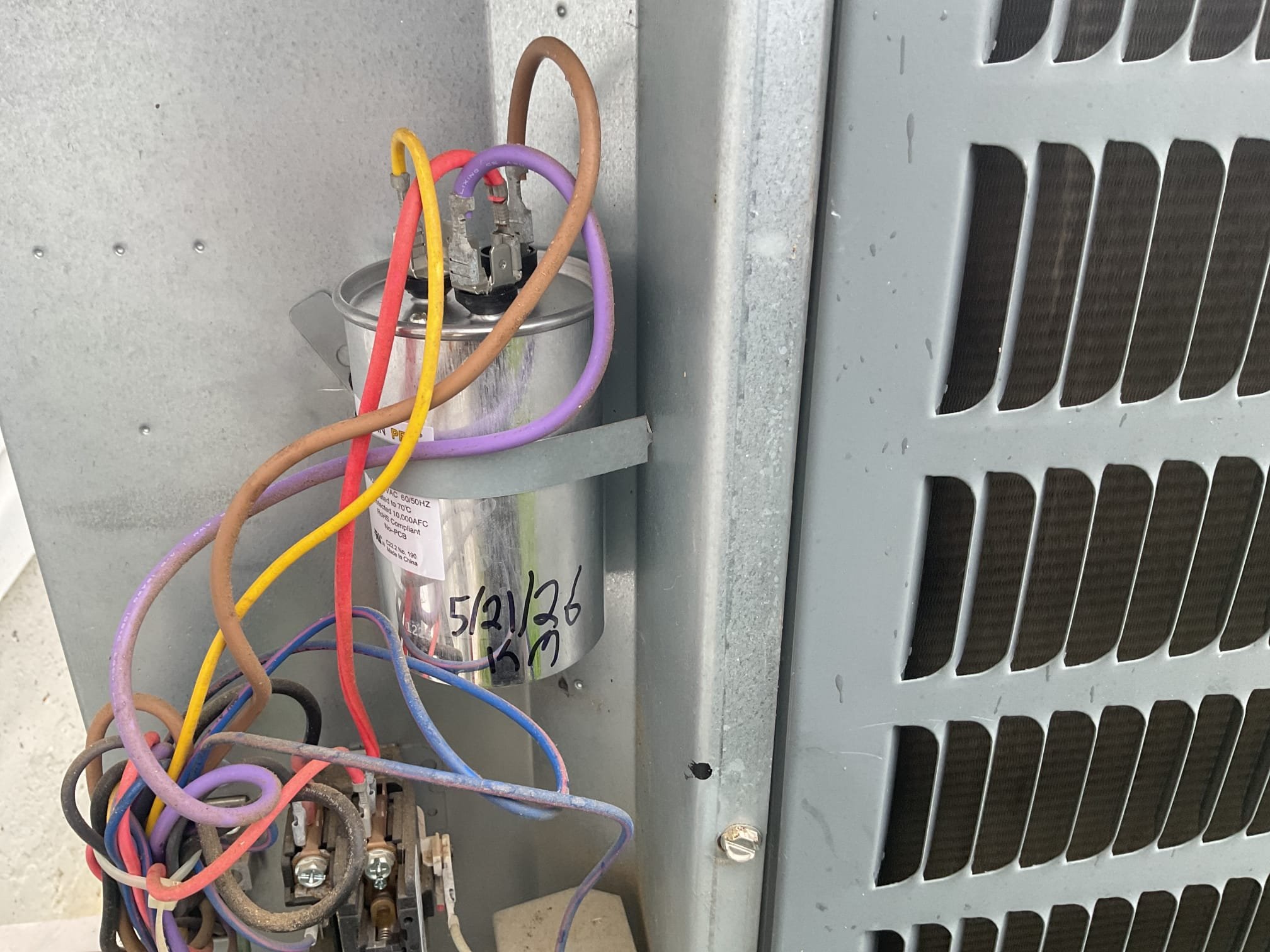 5/21/26. Fully assessed no cooling situation on 2017 Goodman a/c system. Gave system a call for cooling. Found indoor unit blower running and outdoor fan motor but no compressor. Found failed 50/5 capacitor. Provided estimate to replace capacitor. Customer agreed. Installed new 50/5 capacitor and tested operation. Checked 410a refrigerant pressures. Checked temperature split at indoor unit. Tested blower capacitor. Found dirty 16x25x1 air filter that was a 3m merv 13. Talked to customer about ethier going to a merv 8 or installing an air ranger to be more effective at collecting dirt and dust particles without the high merv rating. A/c is working properly at time of service. 