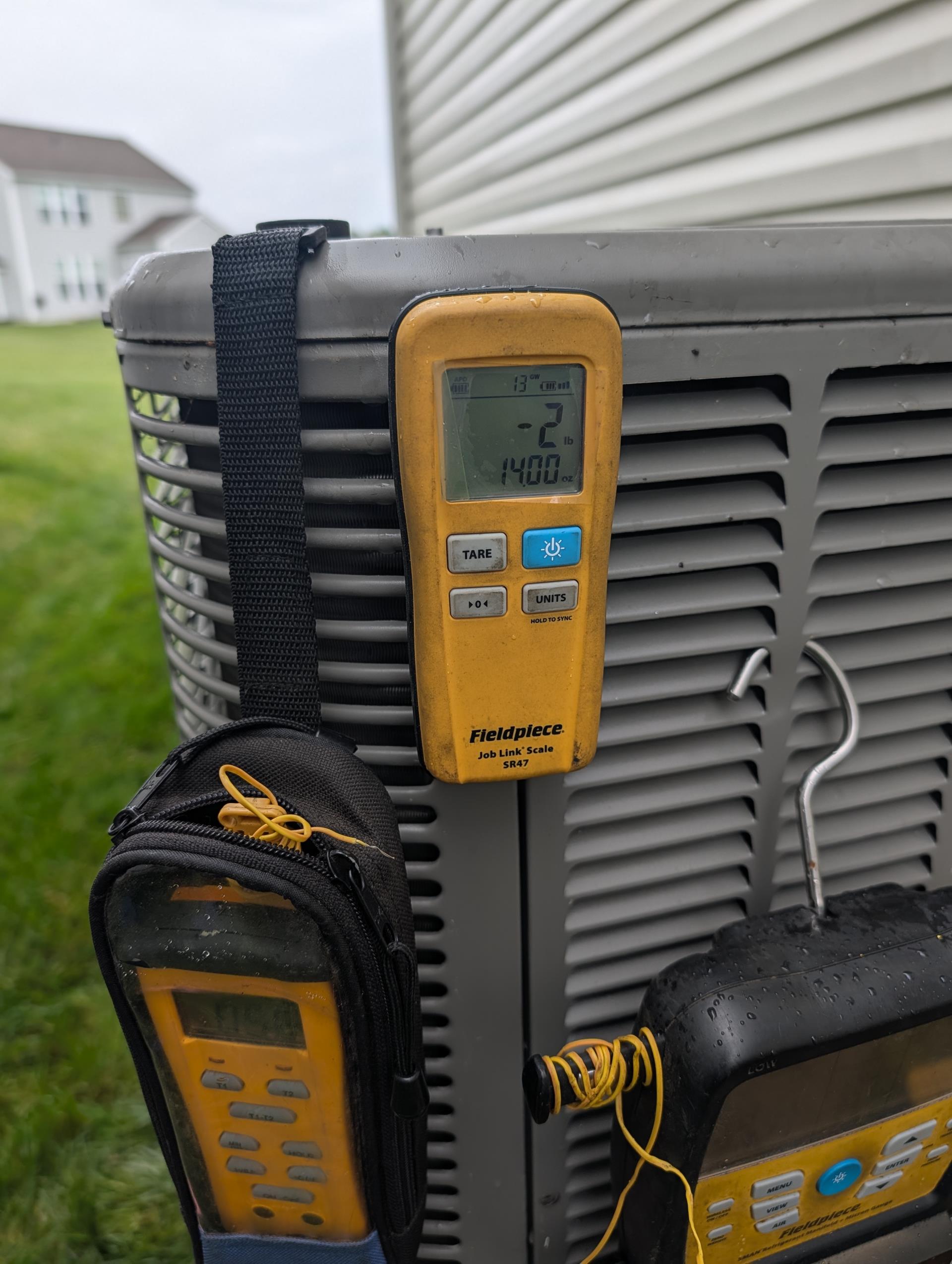 11 year old gas furnace with 2.5 ton AC. Piston metering 
System running at 60 psi. Very low on refrigerant.
Conducted an electronic leak search at indoor and outdoor coils as well as at braised joints. Could not pinpoint any leak.

Offered to charge system and add a leak detection dye to help us find leak(s) in the future. Cautioned him that the only true guarantee would be to replace the system.
He decided he wants to charge the system for now and plan on replacing it next year.

Also found weak 5uF blower capacitor and the FAN side of the dual outdoor capacitor also weak. Offered and left estimates to replace each.
Also provided estimates for surge protection and for water/drain safeties
 
Customer provided a mailer coupon for waiving diagnostic fee. See photo.

We decided on plan membership and to charge the system up to 3# R410A refrigerant.

Used the superheat method to charge system to design superheat (based on outdoor temperature and indoor return wet bulb) 
Final refrigerant 