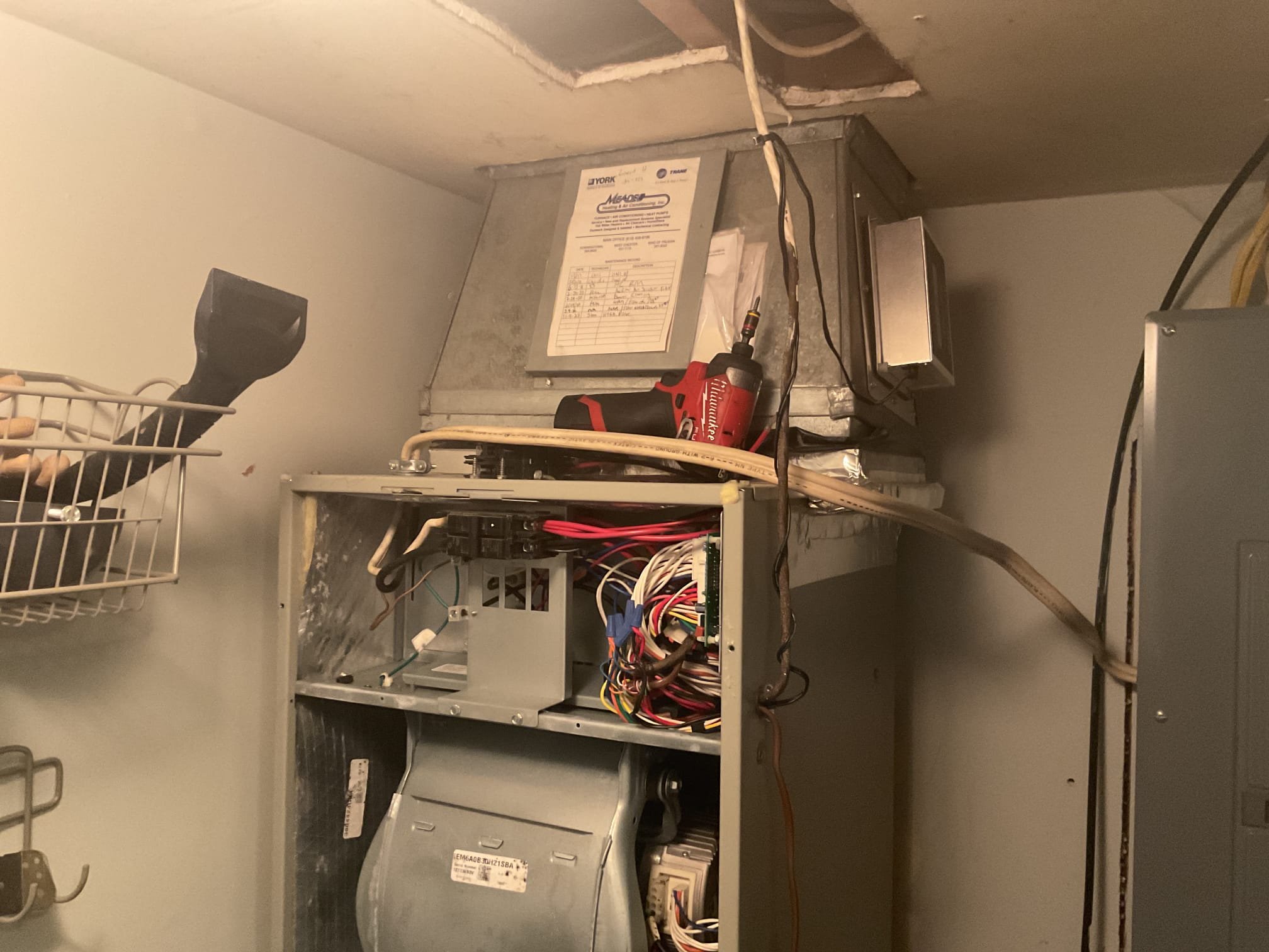 5/26/26. Fully assessed no cooling situation on 2021 trane heat pump system. Found no power to the thermostat. Found 5 amp fuse blown. ( this is the same issue that happened last summer). Recommend to homeowner that we install a separate transformer for air scrubber. Homeowner agreed. Installed 40va transformer and tested operation. Checked 410a refrigerant pressures they were 254/122 with 3 subcooling. A little low on subcooling but still have a 19 degree split at indoor unit. Heat pump is working properly at time of service. 