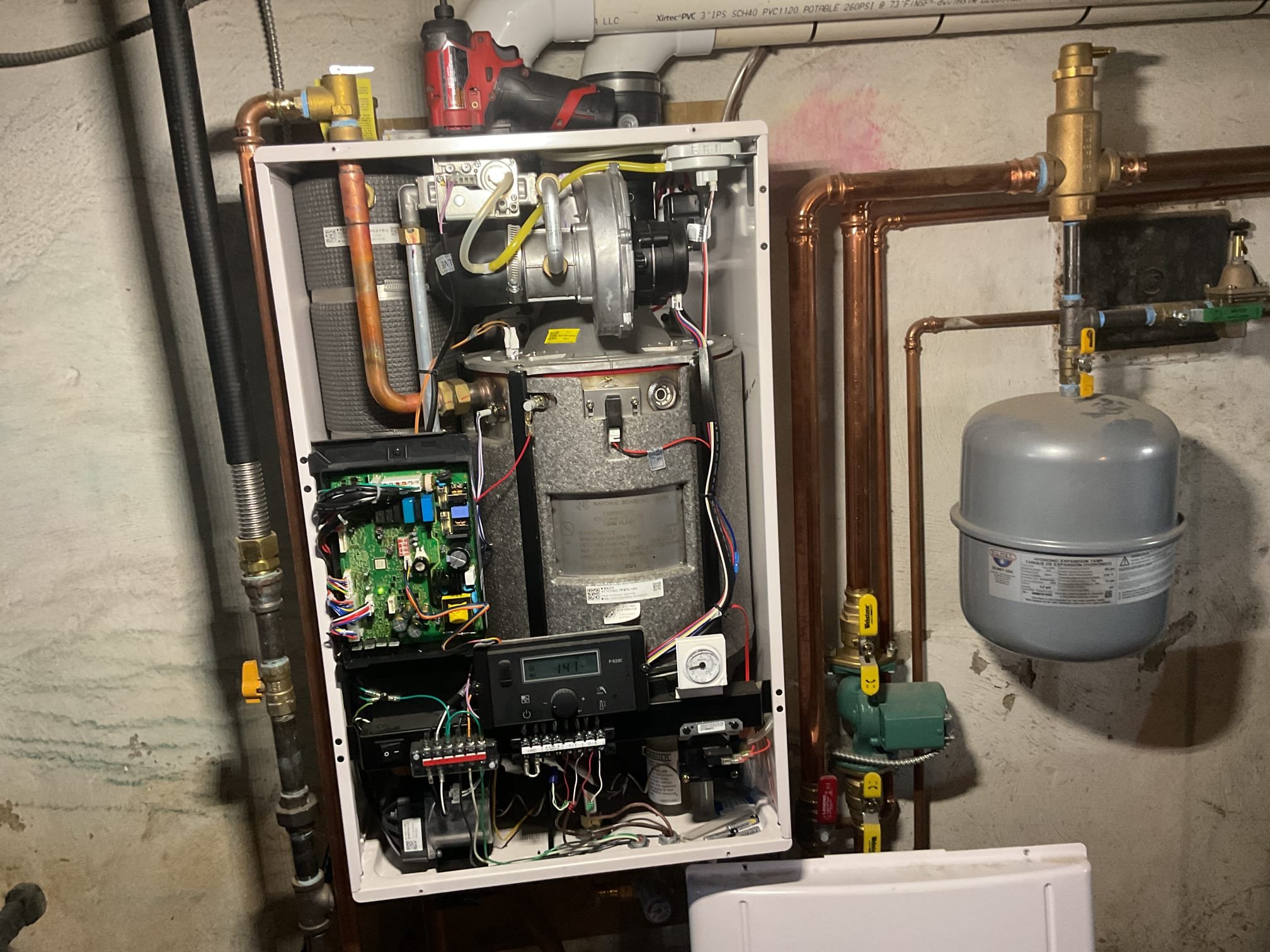 5/26/26. Found 2024 Laars combi boiler installed by dibiase . in operation when I arrived. Went into error code history and found it was locking out on an e 40 error code. Called and talked to tech support, this is a gas detection code. Tech support recommended replacement of circuit board with gas detector built into it. This was performed in August 2025. He recommended doing it again. I would also recommend replacing gas valve in case it is bleeding a small amount of gas out vent in valve. Did not find any gas leaks while on site. Gas boiler is working at time of operation. Need to order warranty parts and schedule return visit.  