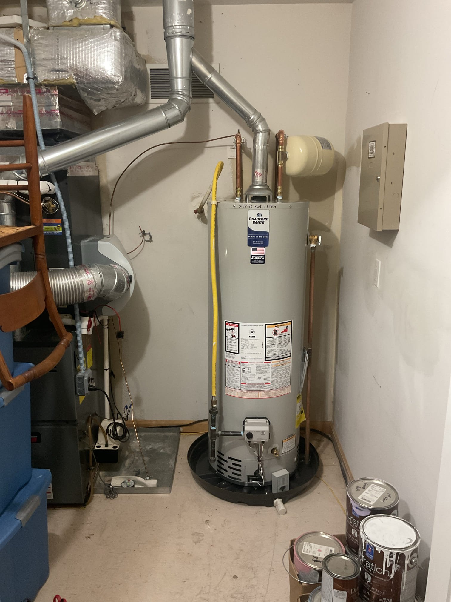 Arrived to install the new water heater for the customer. Upon opening the box for the water heater, the entire top of the unit was smashed in. We will need to order a new water heater and come back to install in on Wednesday 5/27 Kurt& Ethan drained down existing water heater from 2nd floor. Carried out old water heater and installed new 40 gallon atmospheric water heater in its place. Adapted to existing copper piping. Instaled water alarm in drain pan. Installed new st5 expansion tank. Bleed hot lines in home. Re adapted to existing gas line. Set water heater to hot setting. Water heater is working properly at time of service. 