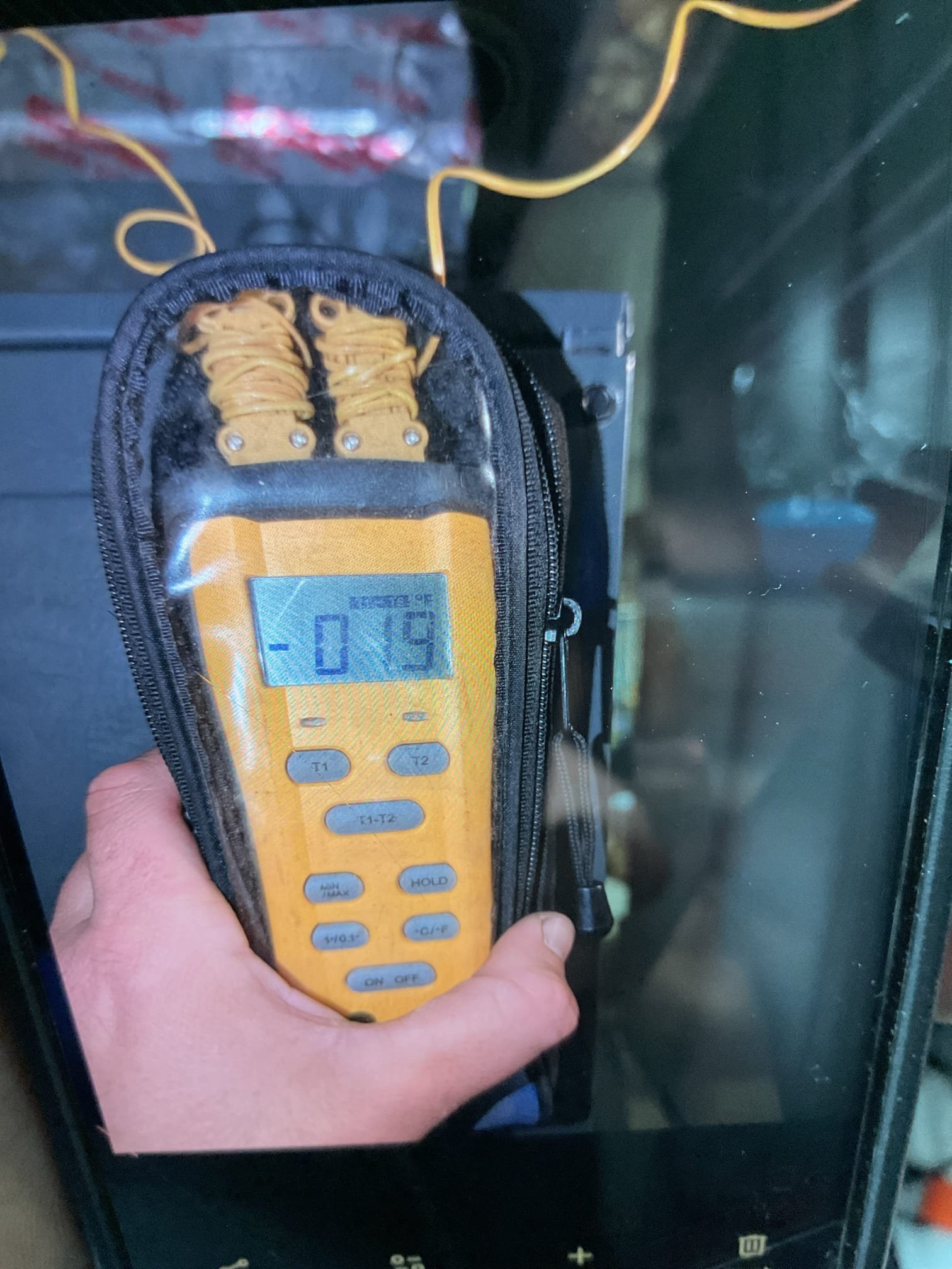 Issue is blank thermostat. 
I found the EZ trap float switch detached from the top of trap and laying on the floor.
This is the cause of no power being present to thermostat. 
20x20x1 Filter ok 

Tested system operations and measured temperature split. 19° Good

System operating well at this time. 