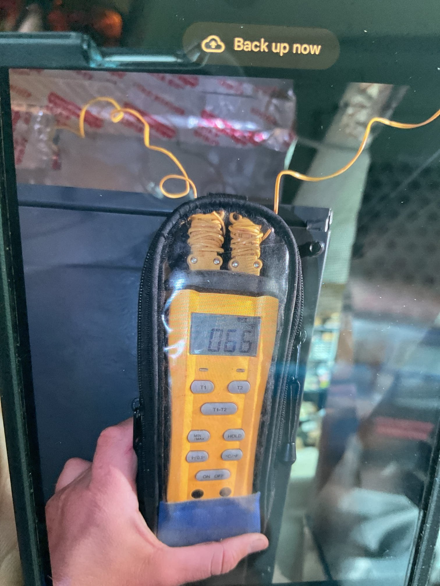 Issue is blank thermostat. 
I found the EZ trap float switch detached from the top of trap and laying on the floor.
This is the cause of no power being present to thermostat. 
20x20x1 Filter ok 

Tested system operations and measured temperature split. 19° Good

System operating well at this time. 