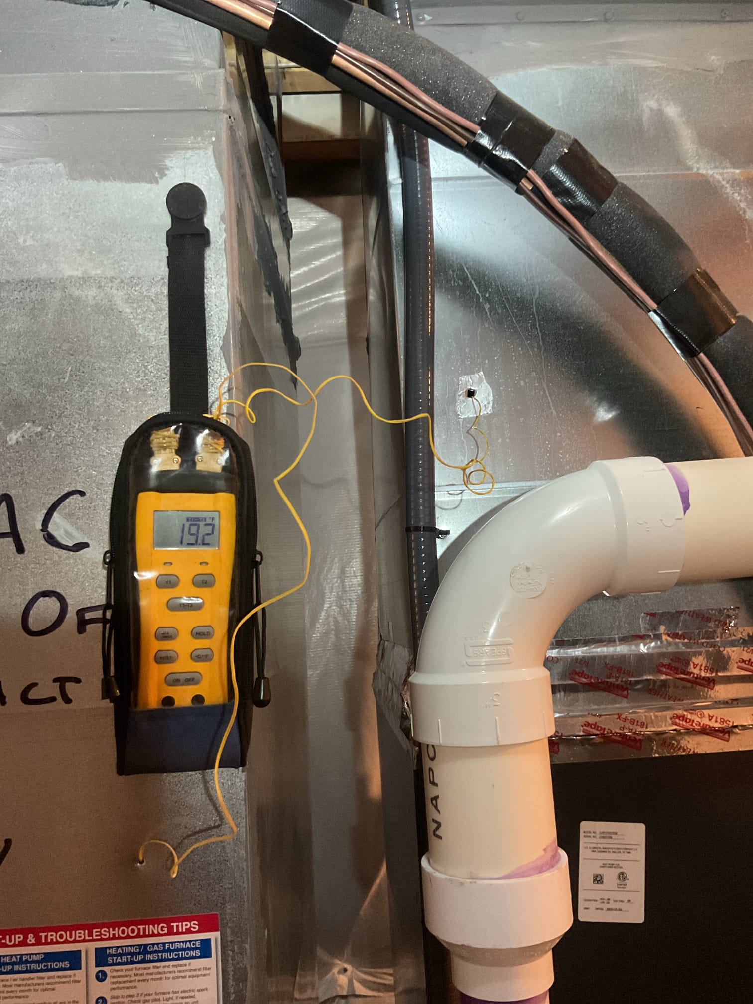 Completed (2) AC tune up for Goodman AC systems
1st floor 3 Ton with 80,000 BTU furnace
2nd Floor 2.5 Ton with 60,000 BTU furnace 
Both AC systems piston metering, both system dates to when house was built 2021

Both 16x25x1 filter good recently replaced 
Indoor and outdoor coils in good condition 
Inspected wiring, controls, electric motors and components; left estimates for surge protectors 
Measured temperature split and static pressure 
Inspected drains; cleared traps as best as possible. Recommend installing EZ traps with Overfill protection and cleanouts switches at each unit. Provided email estimates. Also provided estimates to install wet switch at each system. This is a more reliable water safety, if water is detected in equipment pan under unit these will instantly shut equipment down. 
Checked integrity of compressor motor (mega ohm test)

Assessed refrigerant charge checked pressures. Both system Good between 5.5 and 8° Superheat.

Inducer compartments are dry. We have had 