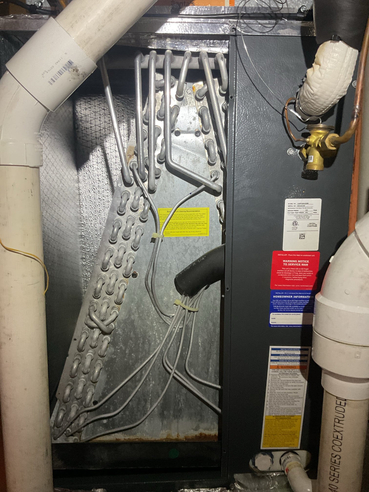 Completed AC tune up for 2.5 Ton Amana AC system
AC/Gas Furnace installed 8/2019 about 6-7 years old!

Replaced 16x25x1 filter
Indoor and outdoor coils in good condition; cleaned outdoor coil with frame in place, very little debris to speak of
Inspected wiring, controls, electric motors and components; left estimates for surge protectors 
Measured temperature split and static pressure 
Inspected drains; clears EZ trap, cleaned and tested condensate pump; added treatment tabs to drain pan. 
Checked integrity of compressor motor (mega ohm test)

Assessed refrigerant charge checked pressures. 8° SC Good.

Provided estimate to install whole home air treatment system. Will keep indoor coil and drain pan clean of biological growth. 

AC system operating well at this time. 

Homeowner renewed plan membership today. 
Homeowner would like us to mail a hard copy of invoice. 