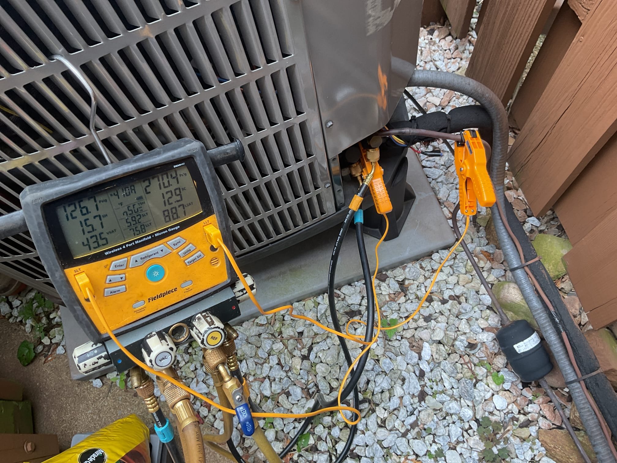 5/28/26. Fully assessed no cooling situation on 2018 American standard heat pump system. Went inside to air handler. Found ez trap float safety pushed up ever so slightly. ( no even entire way up) but enough to not let the system run. Explained to Christine how the ez trap works. Poured water down and brushed out trap. Also poured vinegar in the trap. Explained to her that this is not any issue with the defrost board which was installed. Checked temperature split it was 22 degrees. Checked 410a refrigerant pressures it was 270/126 with 12 subcooling. A/c is working properly at time of service. Provided estimate to replace water heater. 