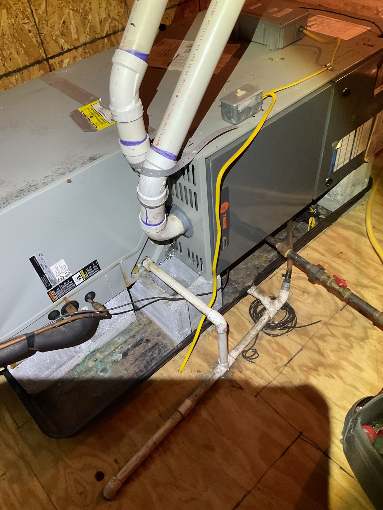 I arrived for a water leak on an attic unit old or 22 system, 21 yrs . I Found the drain line was completely clogged up with rust from the coil. I quoted the customer for repairing the PVC drain and clearing the clog. Once I got the PVC back together and turn the system back on , I found the system charge was very low . I had a 45° superheat , the customer would like to schedule an estimate for the attic system. I collected for $539.83 for today’s service. Paid by cc from payment link . 