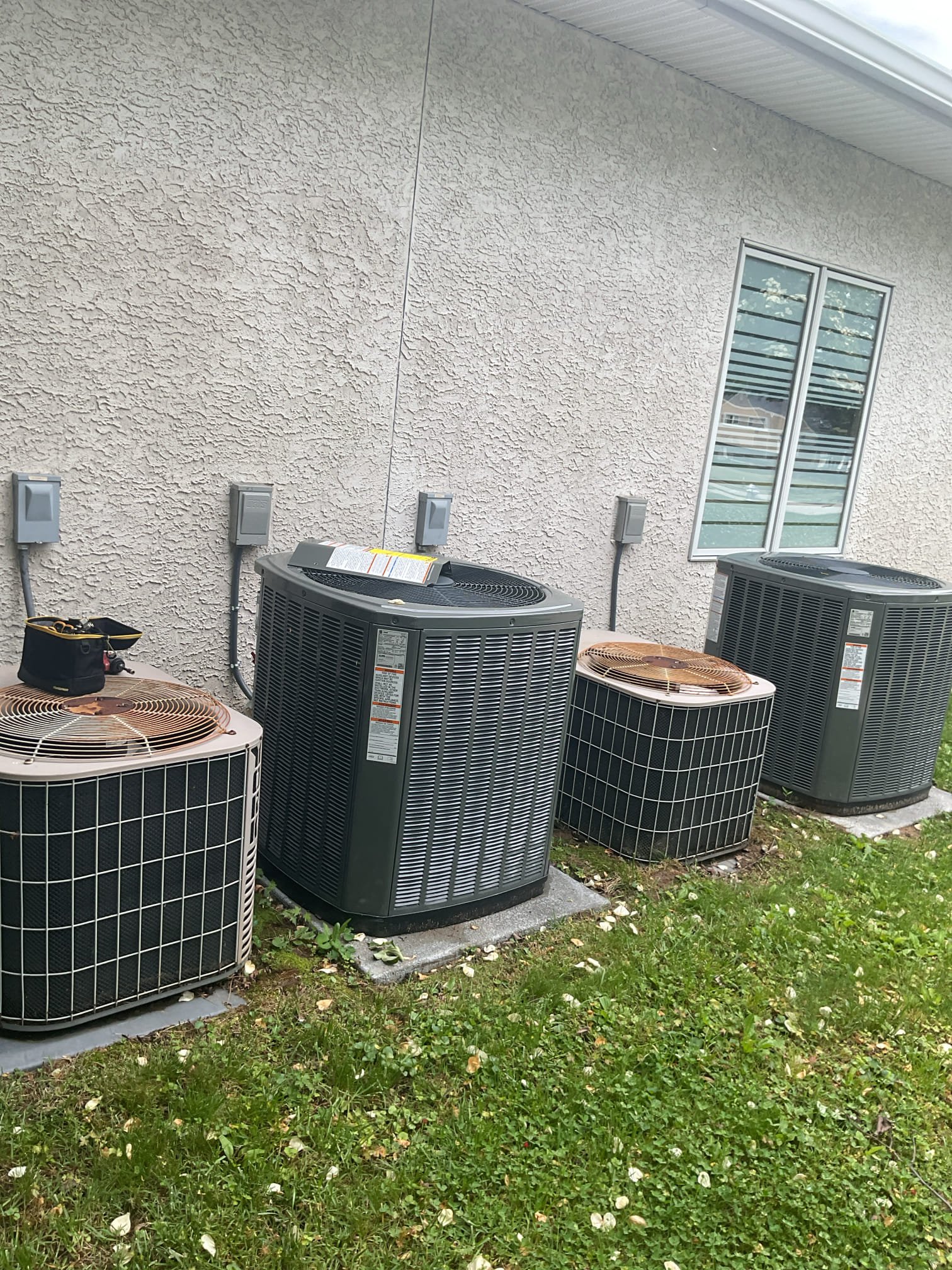 Luis 5-22-26 performed three ac tune ups. All three were replaced within year. Check system operation drain airflows safeties ok. I insulated plenum on unit 3 to prevent condensation. I also adjusted refrigerant charge on #3 unit. All units are working properly. Check beakers two breakers are rated 40 amps. I also noticed 1 in gastite gas connection at attic was leaking very slow. I tried to fix, connection is no longer leaking I would recommend replacement of 1 in gastite connector. I provided estimate to replace connector chapel 2 and #3 area (December unit replacement location). We need to come back to replace two breakers for units that were installed no charge, and also replace gas fitting. 