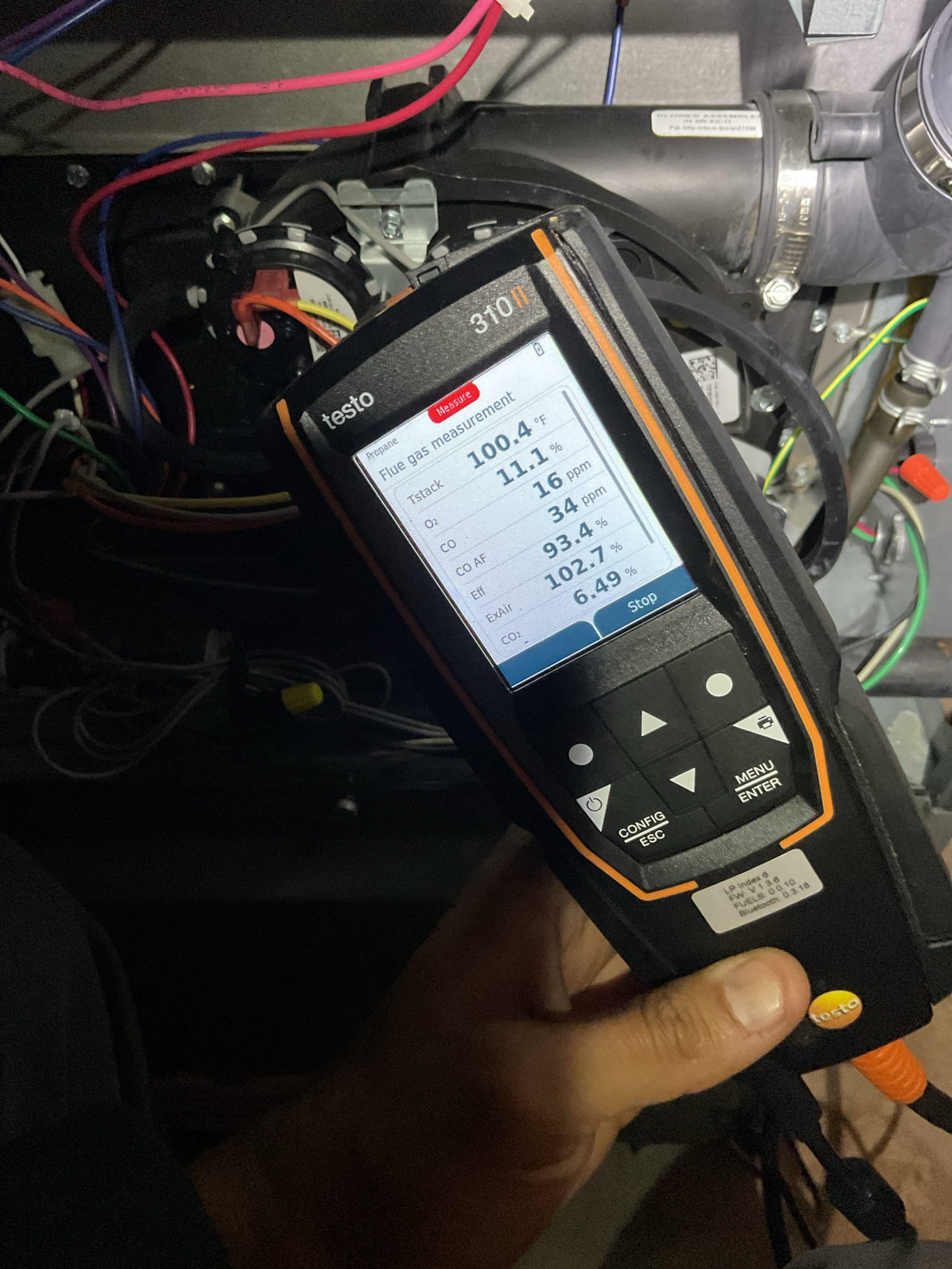 Luis 12-30-25 perform propane gas heat tuneup on a Amana 90% 80000 gas BTU heater,  clean flame sensor and burners check manifold propane pressure perform combustion test check supply return return temperatures, check safeties ok check reversing valve operation ok heat pump mode ok replace air filter. Cycle gas heater and perform combustion test ok. I presented estimate to replace burners with stainless steel I also provided estimate to add whole house humidifier. Customer approved humidifier estimate. And paid 50% for deposit. Office to follow up with customer. 