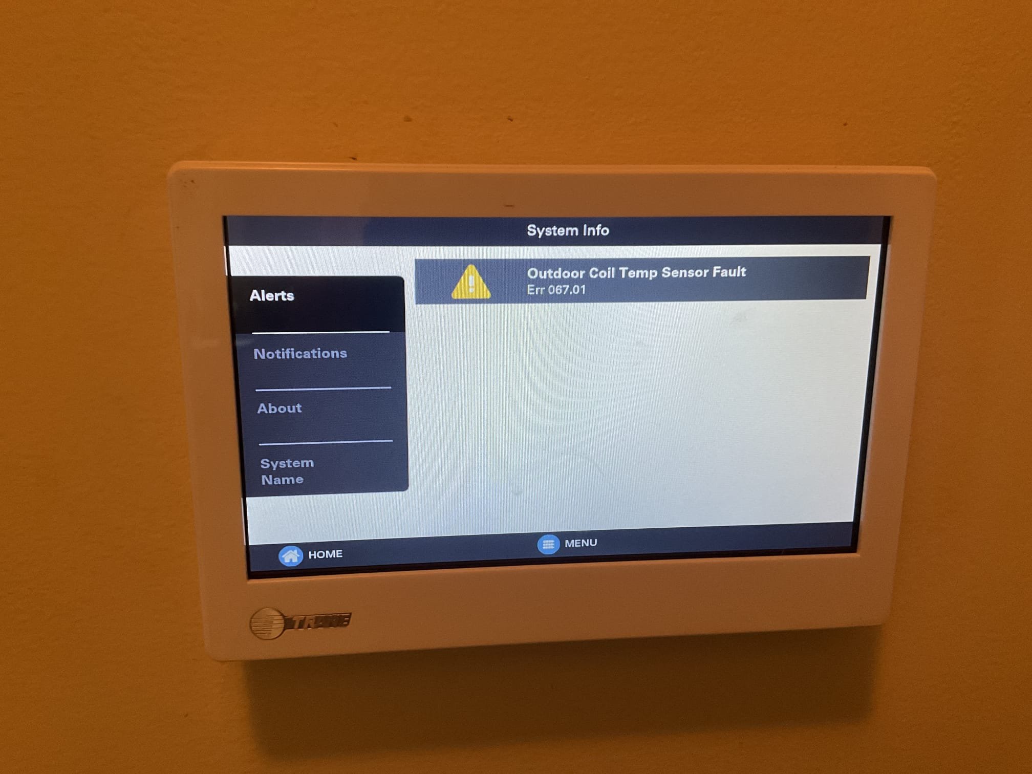 5/27/26. Fully assessed issue on 2025 trane link heat pump system. Found trane link thermostat displaying can’t read outside coil sensor. Talked with tech support. Check link outside board for 3 to5v output dc voltage. Voltage was 3v dc. Checked resistance of outside coil sensor. At 75 degrees it should be 10,000k ohms. Sensor tested at 205 ohms. Failed outside coil sensor. Also tested eev sensor it tested at 9,000k ohms which is correct. Need to order correct sensor and return to replace sensor. A/c is working at time of service. 

