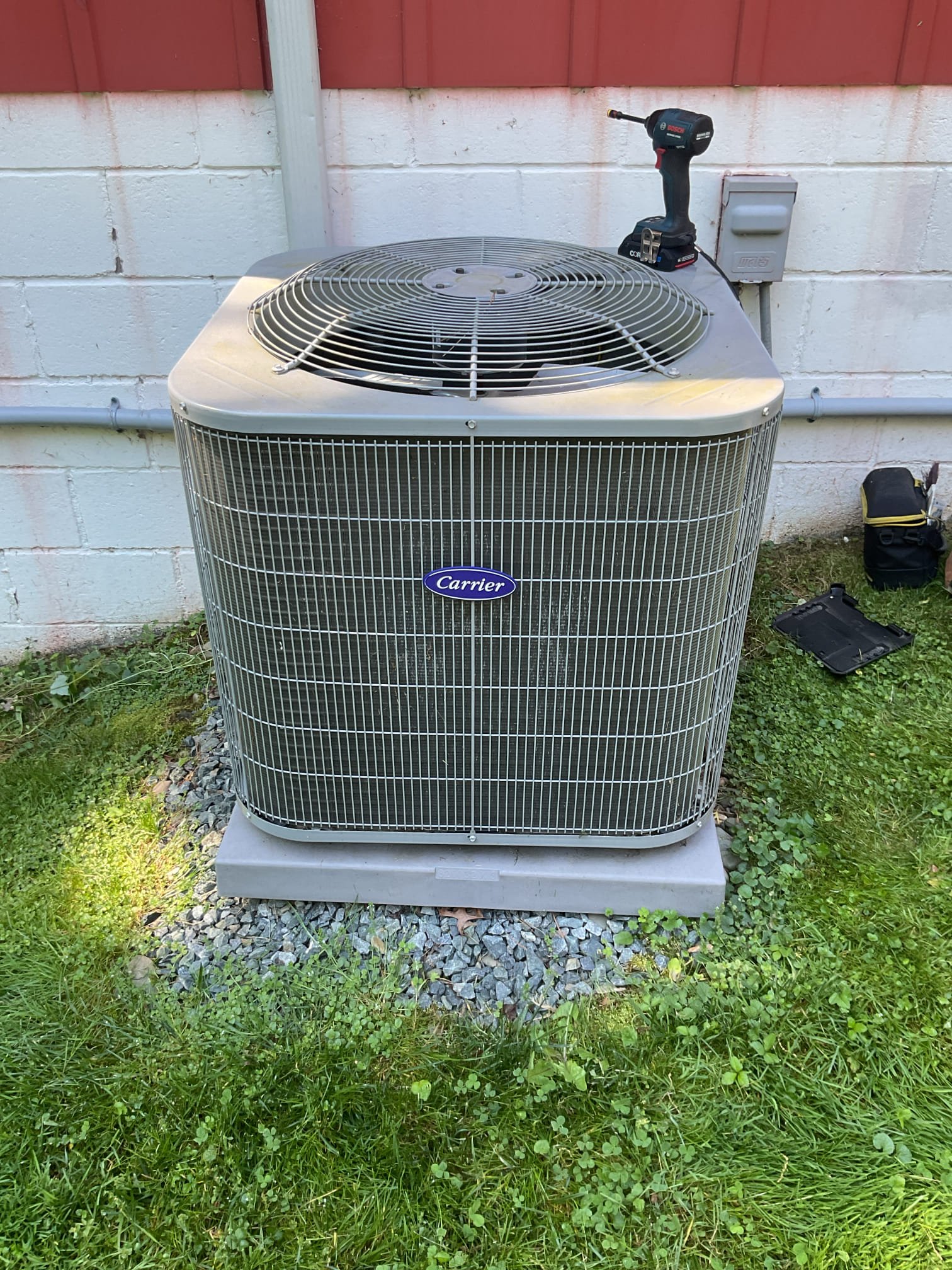 Completed AC tune up for 2.5 Ton Carrier AC system
System dates to 2023, 3 years old

Homeowner replaces the 14x30x1 filter. I left additional for their use. 
Indoor and outdoor coils in good condition 
Inspected wiring, controls, electric motors and components; left estimate for surge protector for outdoor equipment circuit. Indoor blower motor has surge protection. 
Measured temperature split (47-68=21) and static pressure 
Inspected drains: cleared EZ trap,  added treatment tabs to drain pan. Flushed drain and proved flow to termination point (behind AC unit) Recommend a more reliable auxillary pan water safety that will shut equipment down more quickly if water makes it way into pan. Provided email estimate (wet switch). 
Checked integrity of compressor motor (mega ohm test)

Assessed refrigerant charge checked pressures. 11° Subcooling Good

AC system operating well at this time. 