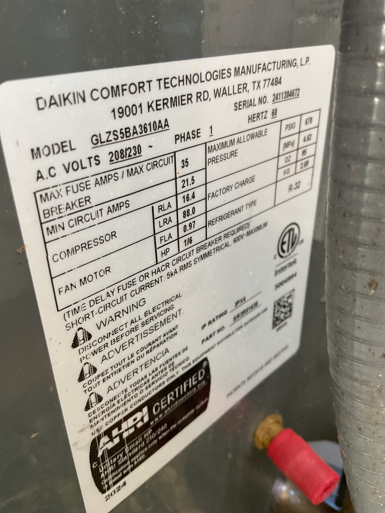 Completed AC tune up for 3 Ton Goodman heat pump system
System was installed 1/17/25 

Replaced 20x20x1 filter
Indoor and outdoor coils in good condition 
Inspected wiring, controls, electric motors and components; equipment has surge protection 
Measured temperature split and static pressure 
Inspected drains; cleared EZ trap, tested pump; added treatment tabs to drain pan. 
Checked integrity of compressor motor (mega ohm test)

Assessed refrigerant charge checked pressures. 6.8° SC Good

Closed humidifier bypass damper for summer and cooling season. 

AC system operating well at this time. 