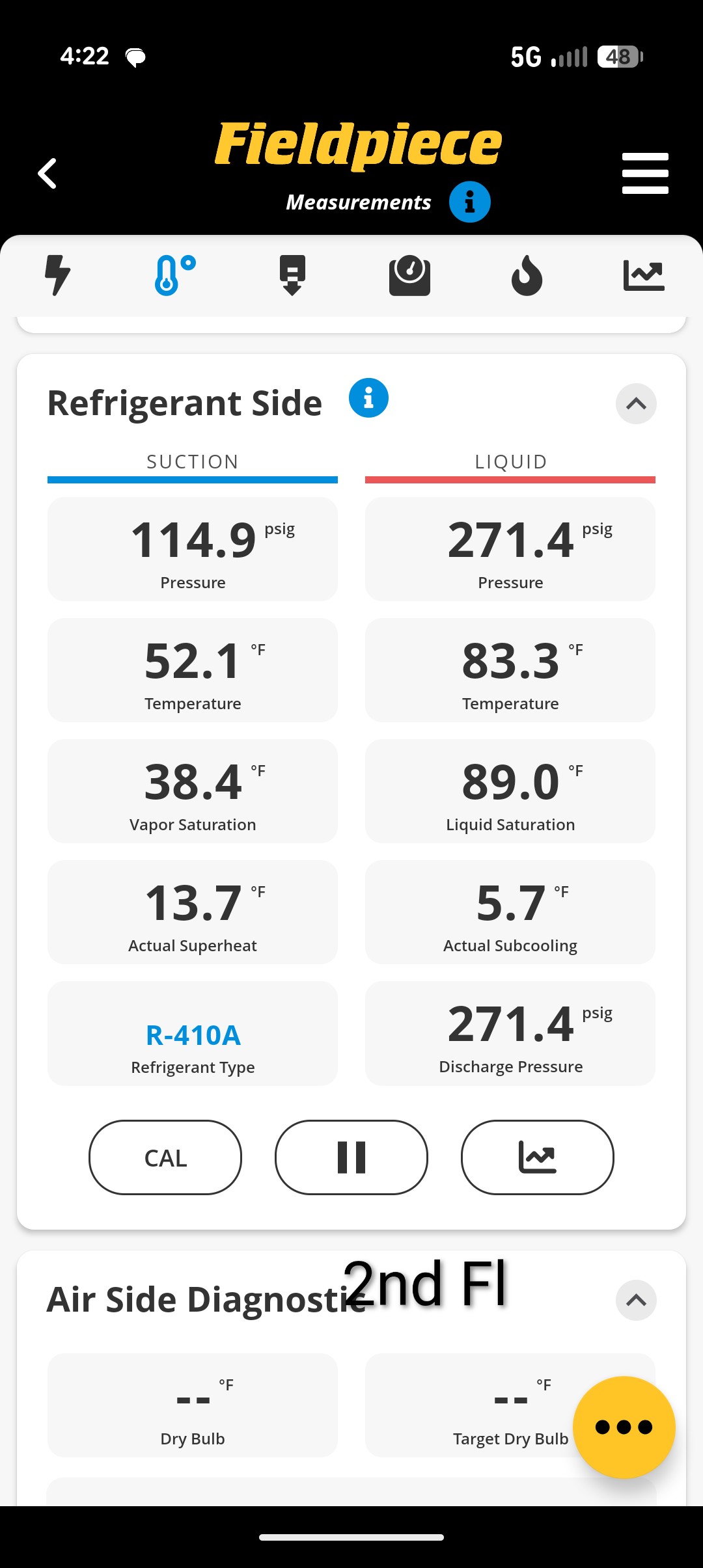 Completed (2) AC Tune ups under plan renewals.

Both systems are 3 Ton AC with propane furnaces.
1st Fl+Basement (2 zone system) and 2nd Fl.

Both Aprilaire 416 filters ok. Homeowner replaces every 6 months.

For each system:

-Indoor and outdoor coils in good condition 
-Inspected wiring, controls, electric motors and components; left estimates for surge protectors; outdoor capacitor 1st floor system slightly weak. Provided email estimate to replace this capacitor. 
-Measured temperature split and static pressure 
-Inspected drains; cleared EZ trap, tested pump; the discharge time for the first floor system pump is slightly longer than ideal. Vinyl tubing is in rough shape. Provided estimate to replace vinyl tubing for each system. 
-Checked integrity of compressor motor (mega ohm test)

Assessed refrigerant charge checked pressures. 
1st floor unit running at 1.2° Subcooling and 22° superheat. Unit is under charged.
2nd Floor system is a little better 5.7° subcooling 14° superheat bu
