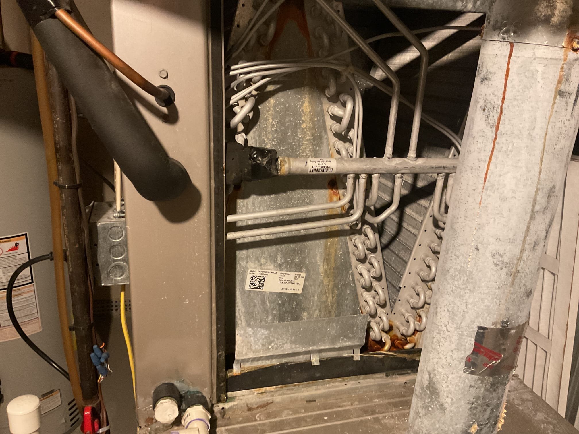 6/5/26 performed precision a/c tune up on 2013 Bryant a/c system. Replaced 16x20x1 air filter. Checked all electrical connections and components. Flushed condensation drain. Found no surge protection for furnace circuit board or Ecm blower motor, provided estimate. Checked temperature split. Tested outdoor capacitor. Checked refrigerant pressures and temperatures. System is 13 years old would recommend getting a replacement quote. A/c is working at time of service. 