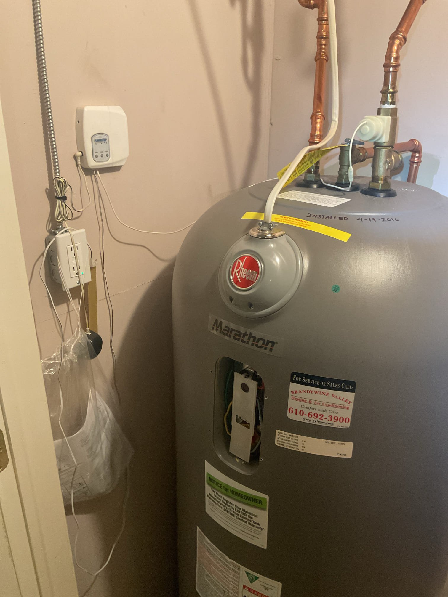 Luis 6-5-26 
Performed tune up on electric water heater rheem marathon from 2016. Customer stated water Temperature was high I used thermometer to check water temp, and was registering 137 F check thermostat setting found to be medium for top and low medium, for bottom element. Found expansion tank failed. Water pressure is 80 psi. Customer also has flood stop that is not In use (not plugged in), i provided estimate for repairs. Replacement of expansion tank, pressure reducing valve. I also presented other options, add mixing valve, flood stop and new water heater. I lower both thermostats setting to low. If this does not work customer will need mixing valve. Customer wants to go over options and will call office. 