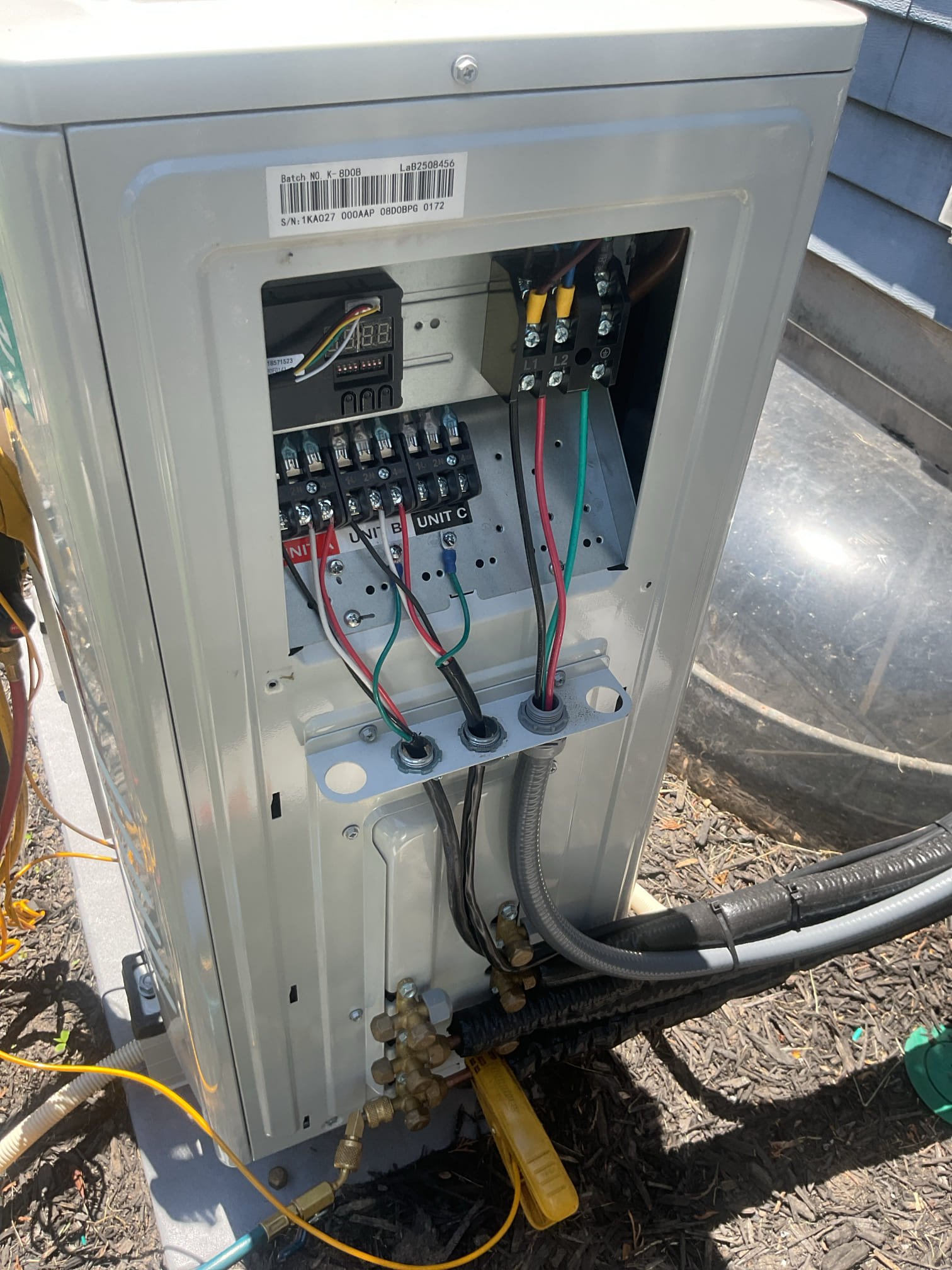 Completed QA for Minisplit with 2 indoor heads.

Inspected all aspects of install, drains, temperature splits, refrigerant charge and data.
Walked through homeowners how to use remotes to adjust direction of airflow.
Checked power monitor configuration. Open on over or under voltage incident in .5 second. Close contacts after 2 minutes of stable voltage.

She would like to add a 3rd indoor head to the back bedroom. I called Joe while on site and we discussed. He is the one who spaced the job. 

Install passes QA. 
