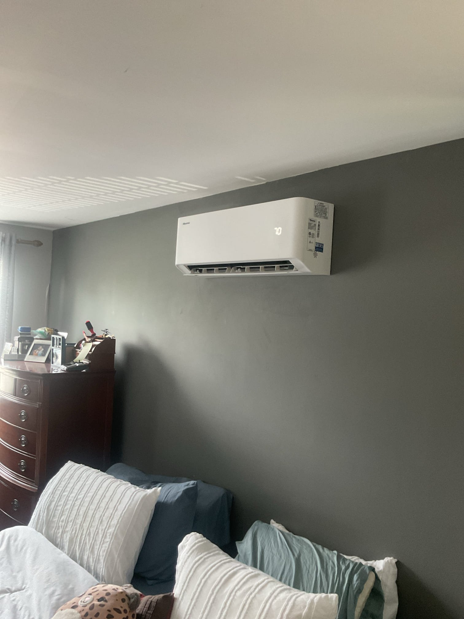 Completed QA for Minisplit with 2 indoor heads.

Inspected all aspects of install, drains, temperature splits, refrigerant charge and data.
Walked through homeowners how to use remotes to adjust direction of airflow.
Checked power monitor configuration. Open on over or under voltage incident in .5 second. Close contacts after 2 minutes of stable voltage.

She would like to add a 3rd indoor head to the back bedroom. I called Joe while on site and we discussed. He is the one who spaced the job. 

Install passes QA. 
