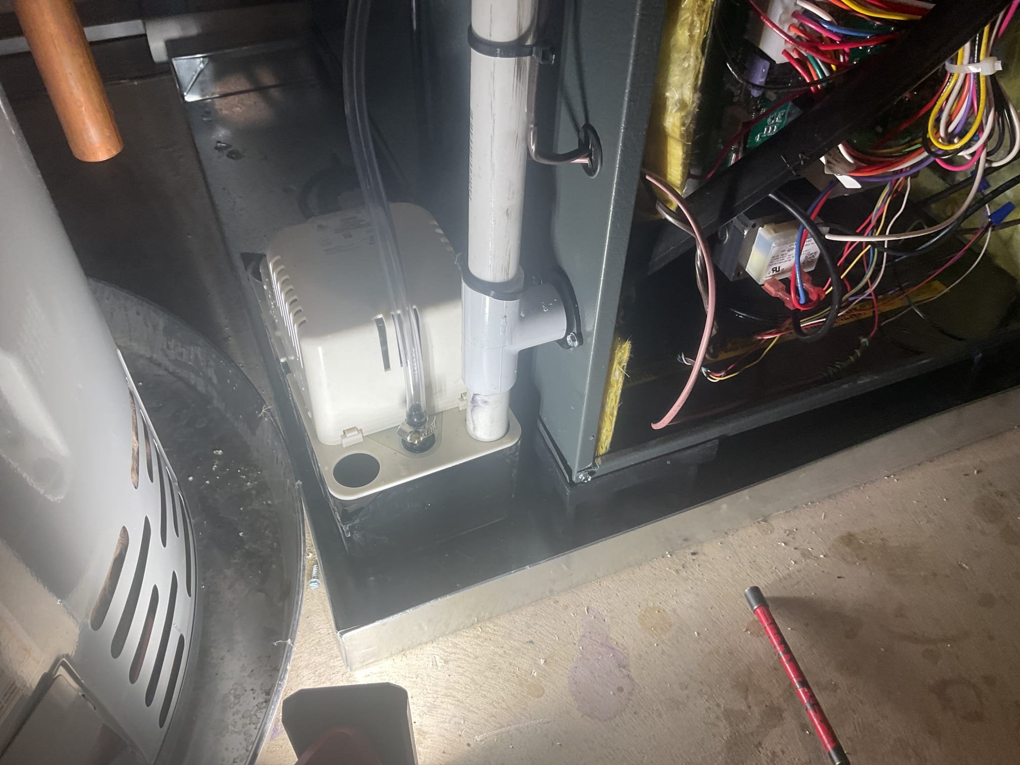 6/7/26. Fully assessed water leaking situation on Goodman gas furnace a/c installed last week by dibiase. Found water inside the drain pan of the basement system. Poured water inside condensation pump and found water spraying out of 3/8” vinyl hose at a connection made with 5/16 copper. Took photos. Condensation line had to be adapted to due to going over dry wall ceiling. Used 3/8” barb fitting and re secured with hose clamps with new piece of 3/8” vinyl hose. Gave system a call for cooling. System is getting a 22 degree temperature split . A/c is working properly at time of service. No charge recent install.