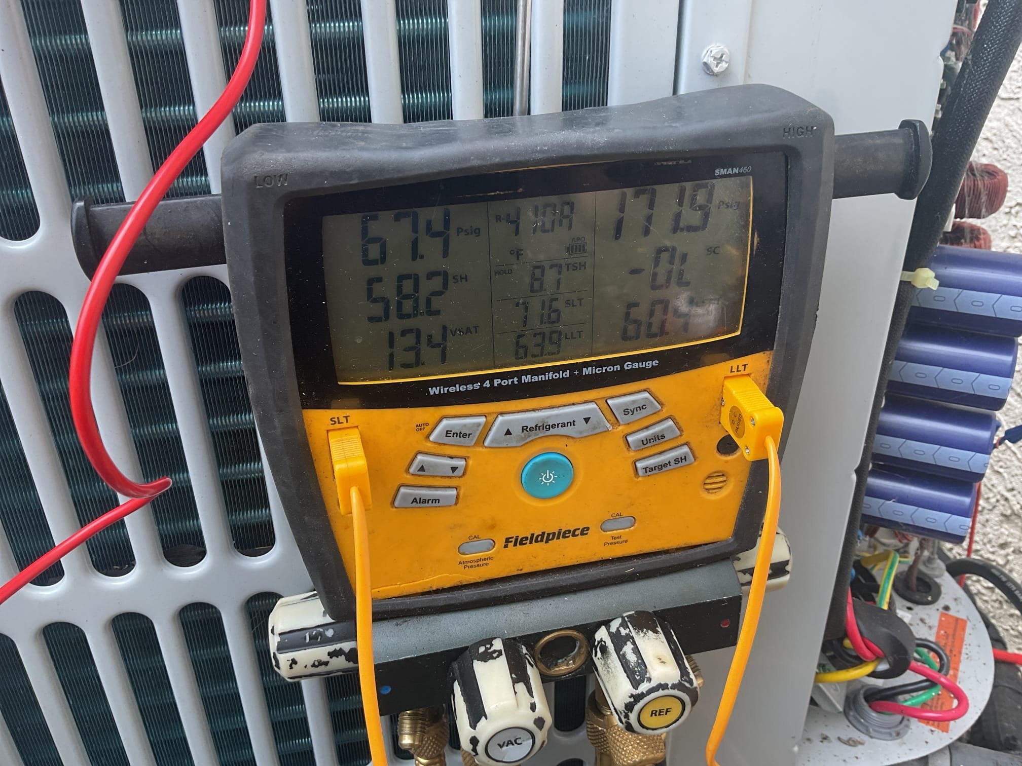 6/8/26. Fully assessed no cooling on 2023 Bosch heat pump installed by dibiase. Found everything running except outside condenser fan motor. Called Bosch tech support and tested out motor and board output voltage, all tested ok. After resetting system fan came on but found 410a refrigerant pressures low 177/58. Went over entire system with electronic leak detecter did not find any leaks. Recommend we add refrigerant and leak dye to the system and complete tune up. Added 3lbs to the system and leak dye. Now refrigerant pressures are 284/134 with 8 subcooling. Performed tune up. Replaced 20x25x4 air filter. Checked all electrical connections and components. Flushed out drain. Checked temperature split. System is working properly at time of service. Do not know how long charge will last. Now that there is dye in the system we should be able to locate refrigerant leak in the future. 