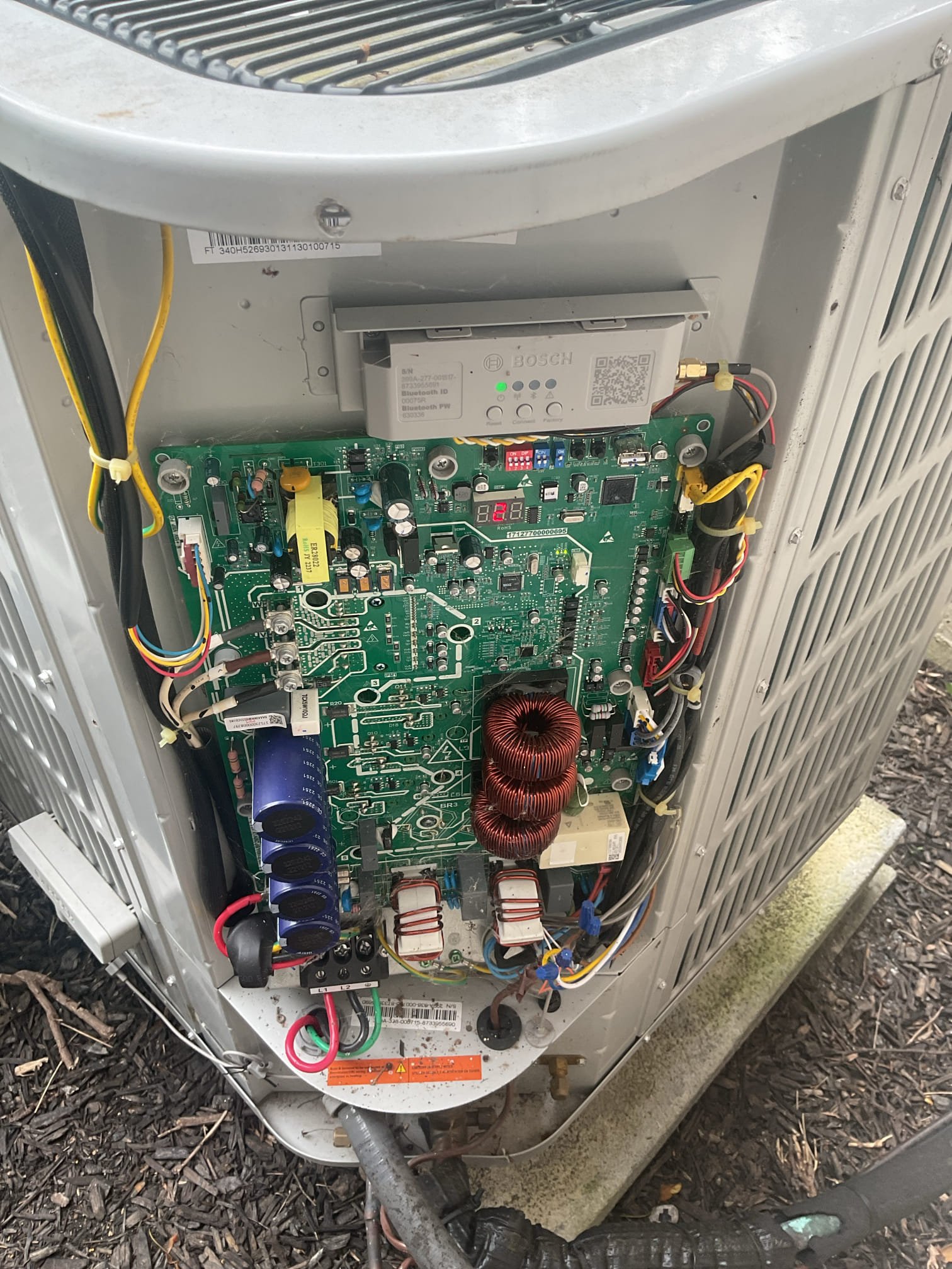 6/8/26. Fully assessed no cooling on 2023 Bosch heat pump installed by dibiase. Found everything running except outside condenser fan motor. Called Bosch tech support and tested out motor and board output voltage, all tested ok. After resetting system fan came on but found 410a refrigerant pressures low 177/58. Went over entire system with electronic leak detecter did not find any leaks. Recommend we add refrigerant and leak dye to the system and complete tune up. Added 3lbs to the system and leak dye. Now refrigerant pressures are 284/134 with 8 subcooling. Performed tune up. Replaced 20x25x4 air filter. Checked all electrical connections and components. Flushed out drain. Checked temperature split. System is working properly at time of service. Do not know how long charge will last. Now that there is dye in the system we should be able to locate refrigerant leak in the future. 