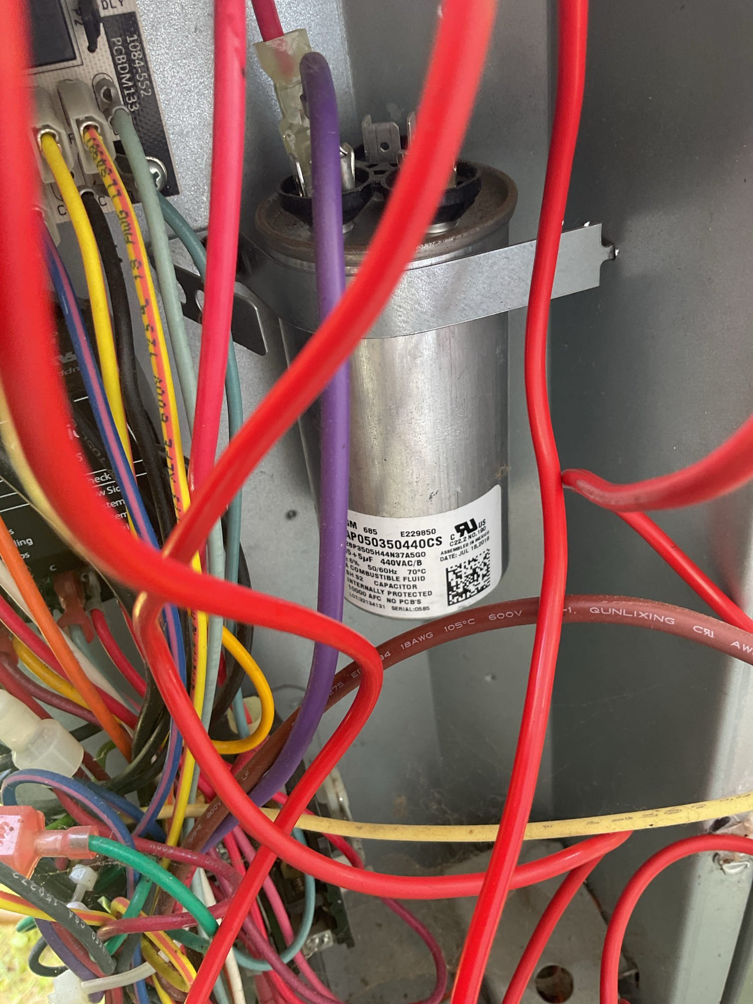 6/8/26. Fully assessed no cooling situation on 2020 amana heat pump. Found indoor blower motor running but not outside heat pump. Found failed 35/5 capacitor. Replaced capacitor under parts warranty and tested operation. Also performed tune up on amana heat pump system. Checked temperature split. Brushed out ez trap. Inspected evaporator coil. Aprilaire 313 filter is clean. Checked refrigerant pressures and temperatures. Recommended installing x13 surge protector. Installed and tested operation. 