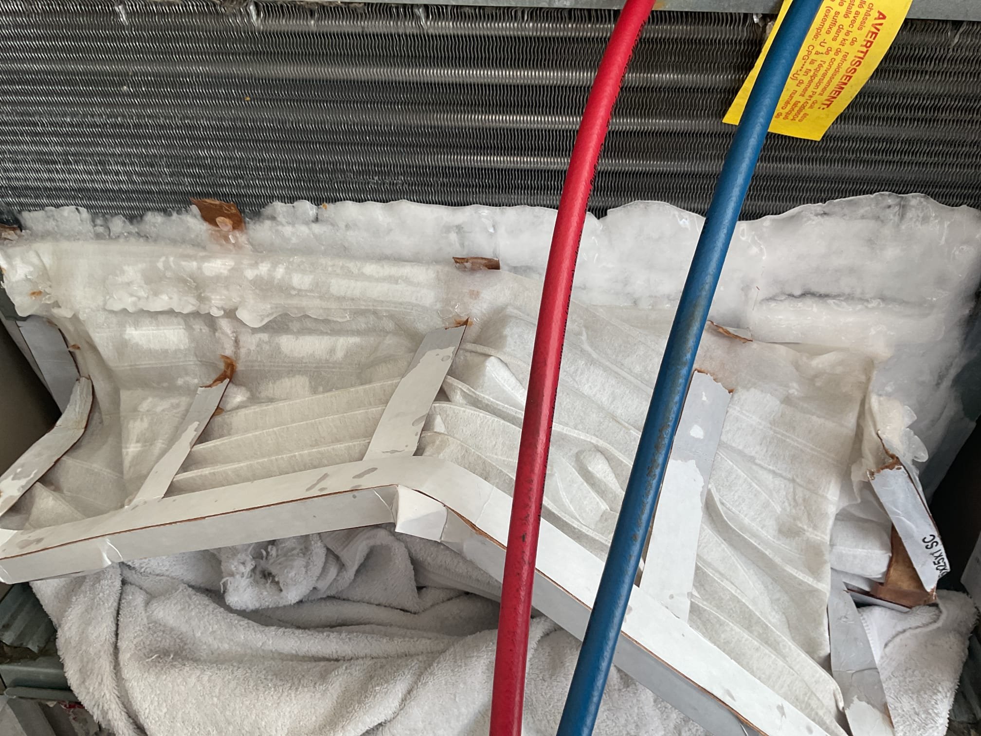 6/9/26. Fully assessed no cooling situation on 2024 ncp package unit. Found evaporator coil all frozen up. Unthawed with a hair dryer and performed leak search took video found system leaking in evaporator coil. 410a refrigerant pressures were 239/66. Added 1 lb of 410a courtesy. Now pressures are 322/127. Let homeowner know that our office will get back to him on what manufacturer will do. Also found Apco x recently installed ballast and bulb failed, replaced entire Apcox under warranty. A/c is working at time of service. 