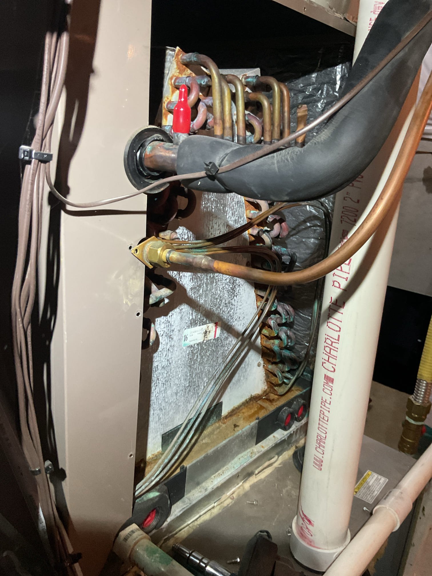 Completed AC tune up for 3 Ton York AC system
Equipment is gas funace AC dates to 2010. 16 years old. 

Replaced 16x25x1 filter
Indoor coil has good amount of rust as to be expected given age. Outdoor coil not level. Provided estimate to level outdoor unit. 
Inspected wiring, controls, electric motors and components; left estimates for surge protectors. Low voltage wire is poorly strapped and bare at outdoor unit. Provided estimate to repair. 
Measured temperature split and static pressure 
Inspected drains; tested condensate pump added treatment tabs to drain pan. Vinyl tubing is old and discolored, provided estimate to replace. *Terminates at sump pit. 
Checked integrity of compressor motor (mega ohm test)

Assessed refrigerant charge checked pressures. System was running at 25° superheat. 15°-17° is the target. System is undercharged. Provided estimate to charge system. Coupled the refrigerant and wiring repair as required repairs. Also discussed replacing system before moving forwa