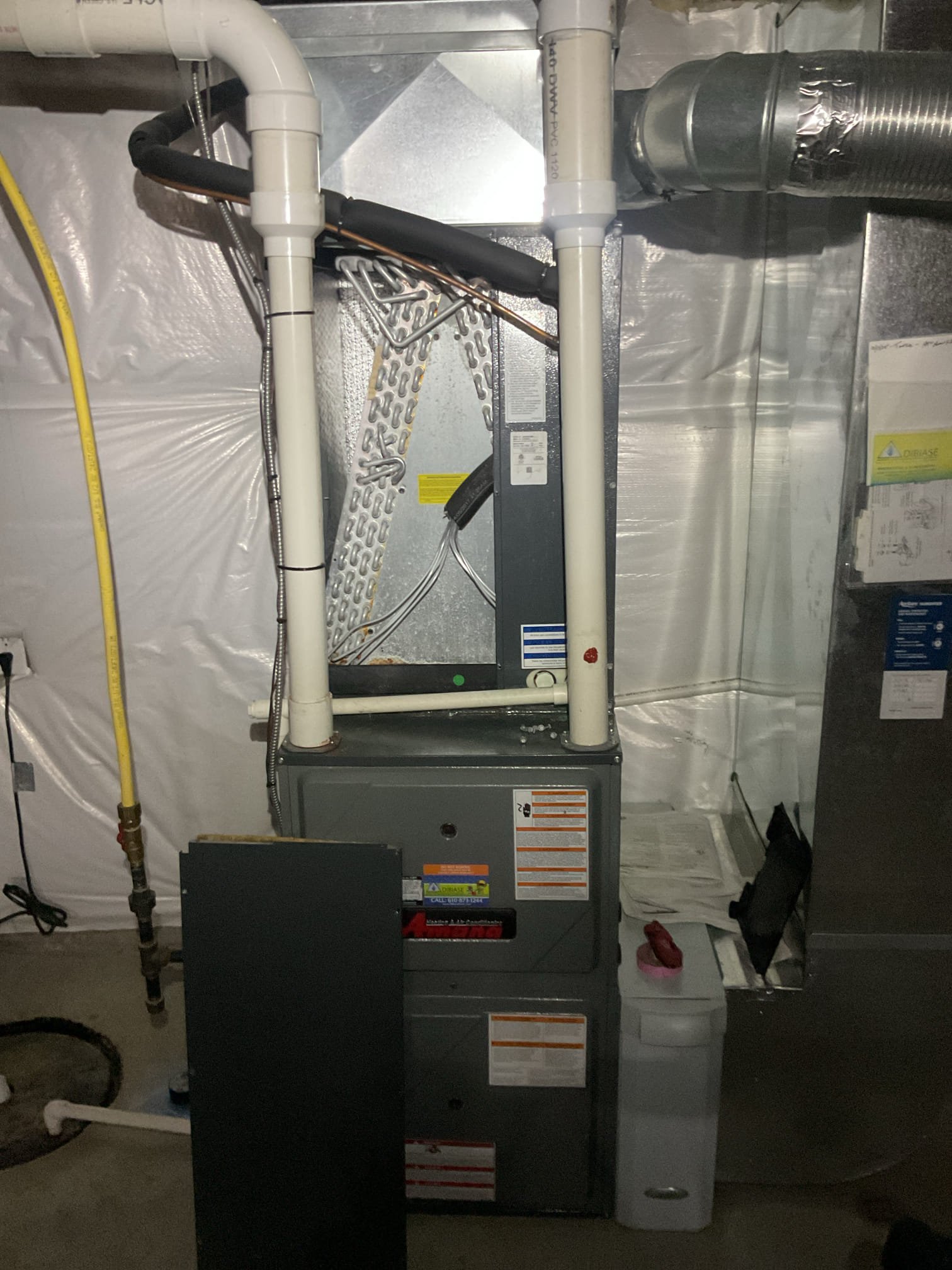 Added 1 bag of “Solar Salt” brand salt to the brine tank of new water softener system. Homeowner has 1 bag remaining. Informed homeowner she will order more.

Gas furnace/AC installed 2017 by Dibiase 9 years old 

Completed AC tune up for 4 Ton Amana AC system

Aprilaire 413 filter ok. Provided email estimate to replace for next tune up. Homeowner may decide to buy them herself.
Indoor and outdoor coils in good condition 
Inspected wiring, controls, electric motors and components; offered surge protector for outdoor equipment circuit, the indoor blower motor has surge protector. Homeowner agreed. Completed work today. Both circuits of the HVAC system now have surge protection. 
Measured temperature split and static pressure 
Inspected drains; cleared EZ trap,
Checked integrity of compressor motor (mega ohm test)

Assessed refrigerant charge checked pressures. 

Closed bypass humidifier damper and set humidistat to OFF for summer (cooling) season. This is all that is needed for humidifi