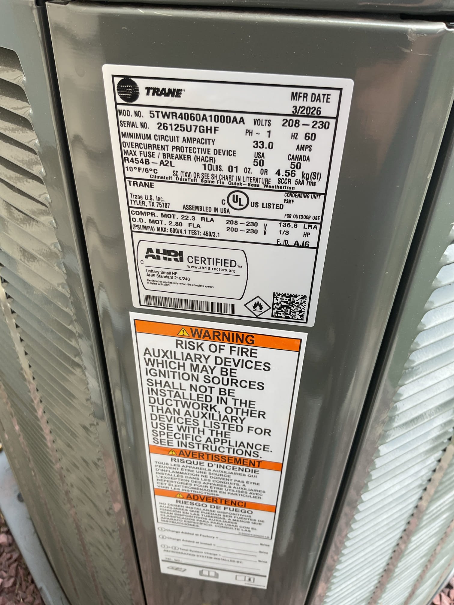 AC tune up for 5 Ton AC
Equipment is hybrid propane furnace/heat pump installed last month 5/23/26. 

20x25x4 filter ok recommend replacing every 3-4 months.
Completed AC tune up for 3 Ton Amana AC system
Indoor and outdoor coils in good condition 
Inspected wiring, controls, electric motors and components; left estimates for surge protectors.  Currently has Nest thermostat.
 Provided estimate for Honeywell S1200 thermostat with EIM which will allow for more precise control of furnace staging and furnace lockouts in heating and allow for sensors and accessory wiring, *Cooling fan motor speed set to 450 CFM/ton. Black wire at defrost board is for bringing on auxiliary heat during defrost. Wired it in today,* they had already wired the white conductor between the outdoor unit and indoor control to the W1 terminal. Wired black conductor (X2) from defrost to white W1. 
Measured temperature split and static pressure 
Inspected drains; cleared trap tested pump; wet switch, ez trap and conden