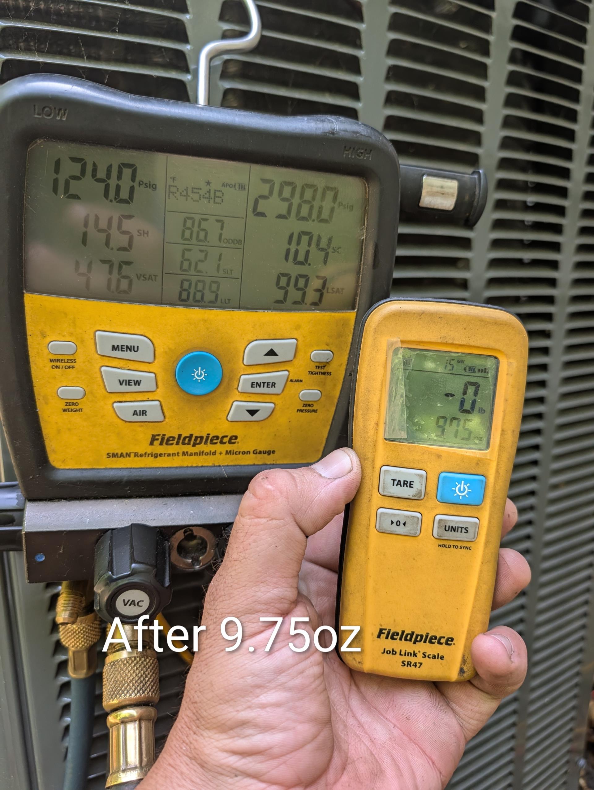 Condensate pump check valve had failed.
Installed new pump and tested.

They were concerned about zone dampers getting stuck. I used an inspection camera to make sure zone valves are opening and closing properly.

They had some doors in house open because a flooring contractor was doing work. 

Replaced 16x25x1 filter
Closed all doors and ran system with both zones calling for cooling. Allowed system to run for 5 min then assessed refrigerant charge. Was ever so slightly low. Added 9.5oz R454B to get to design subcooling 10°
Outdoor temperature 85° (RealFeel 102°)

System operating well at this time.

As a reminder one of the zone is still original. We gave homeowners estimate to replace it.

System operating well at this time
    
 