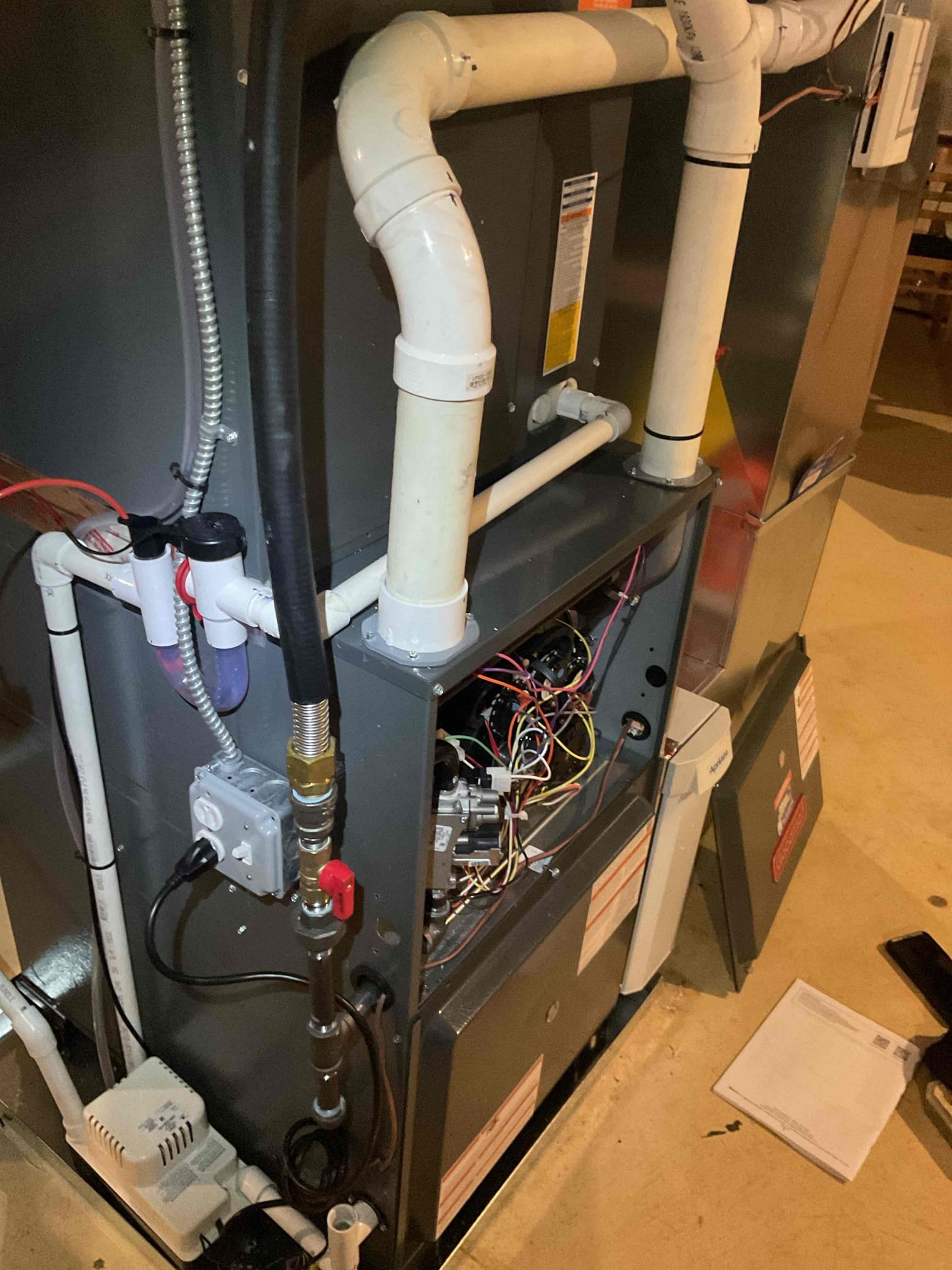 Luis 6-11-26
Performed quality assurance on recently installed gas furnace. Check all settings check gas connections ok. Test safeties and check airflow. Corrected water sensor wiring, and adjust air speed to match 5 ton cooling. Cycle heater ok. Intake and exhaust pipes are glued to heater. 