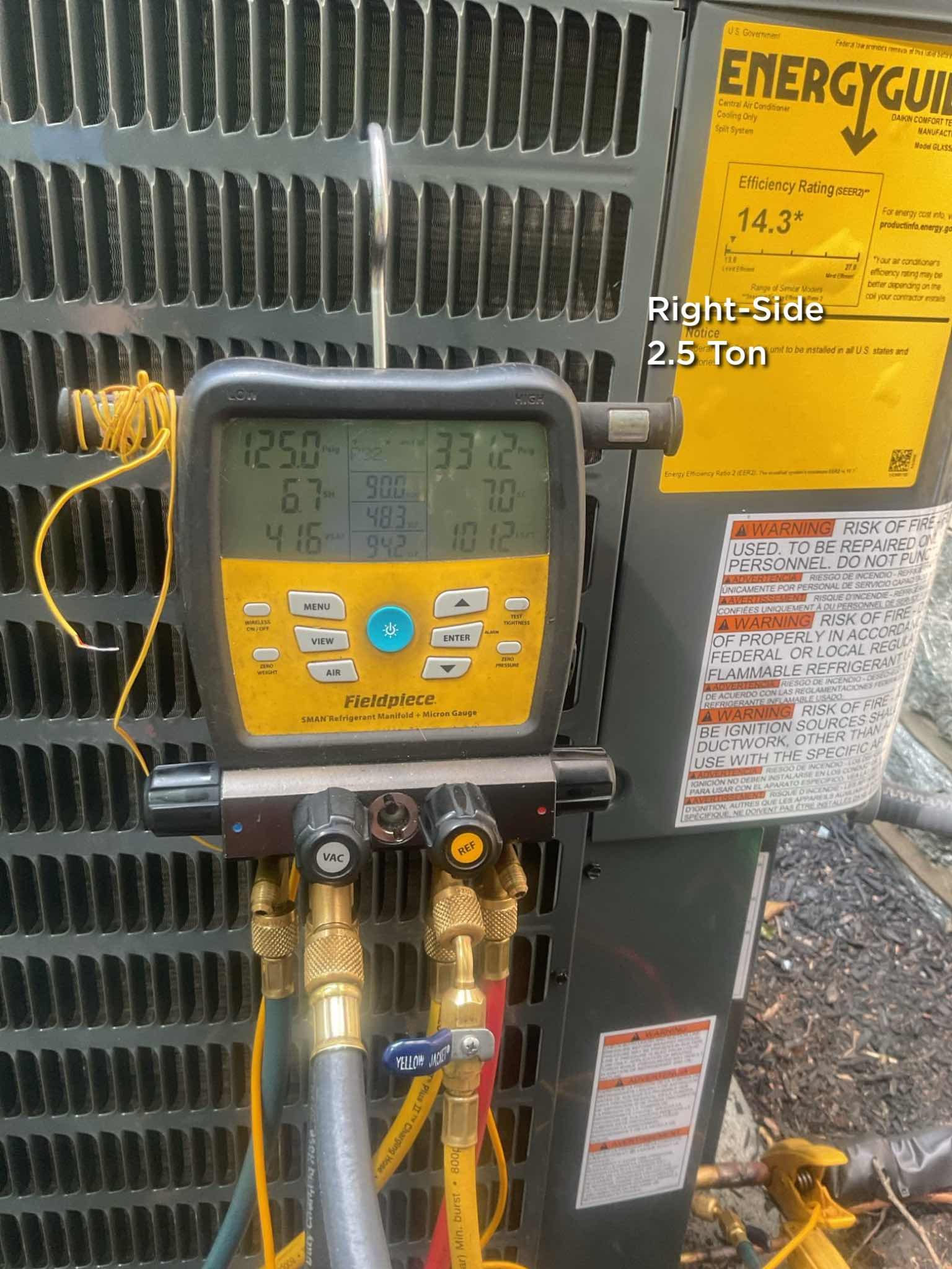 The right side system is 2.5 Ton AC only air handler. Thermostat for this system also controls a hydronic zone so it is a heat cool thermostat.
Air handler located on first floor. 

Filter size is 16x20x1

Inspected all aspects of install: mechanical, ductwork connections, wiring, controls, refrigerant charge etc.
Used blower chart to determine that speed tap 4 is preferred over factorytap 8. 

Tap 4 will move 1160 CFM @ .8” static 

Temperature split is 20.5° 8° SC 7°SH

Install passes QA inspection. 