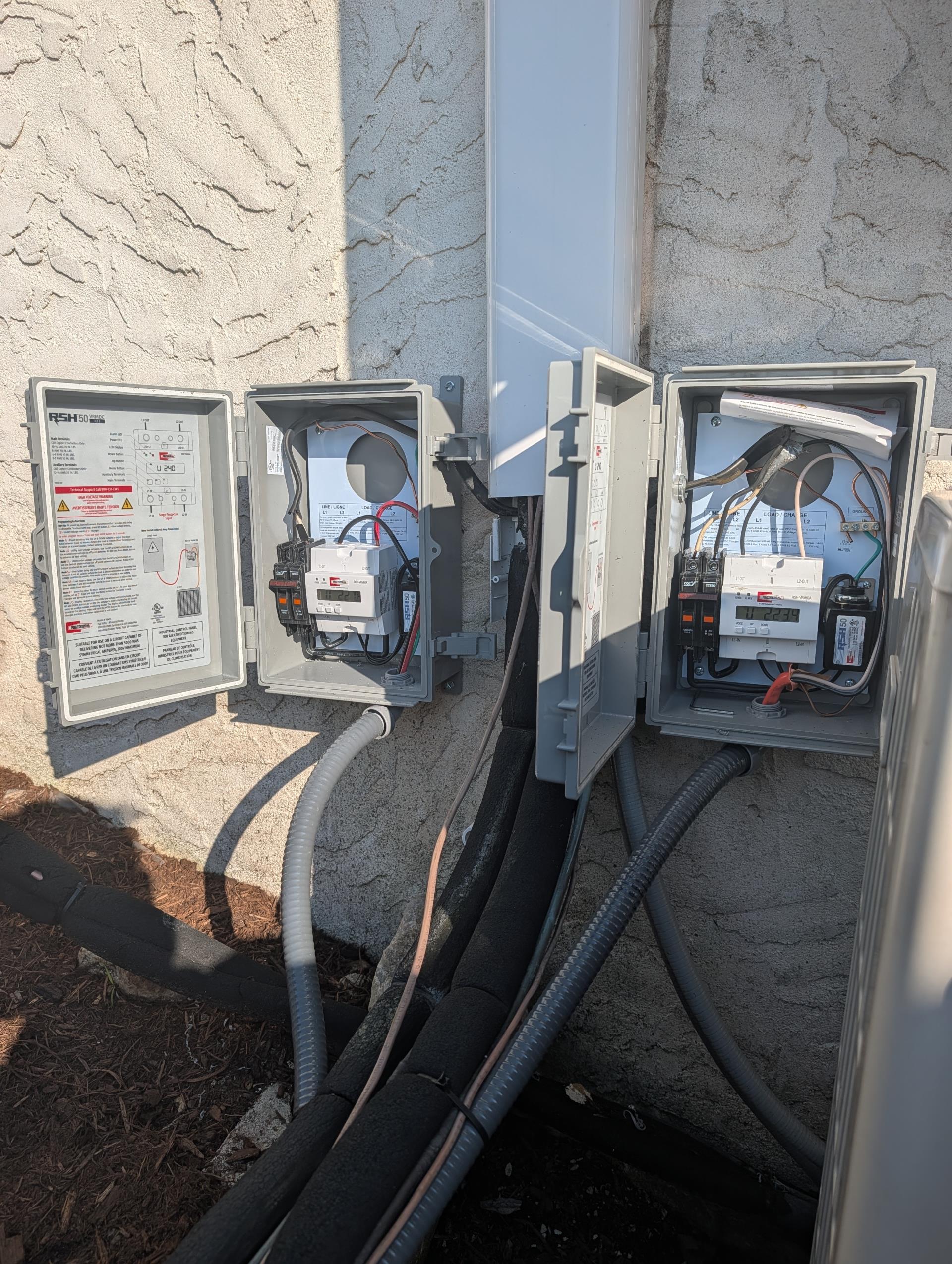 Issue was with the power monitors for each system being locked out.

Voltage measured was 223 just under where we set the Under voltage limit (224)
Voltage during peak grid hours can drop slightly. 
I set Under voltage limit to 208 on each power monitor and systems both came back on. 
Over voltage limit set to 260. 
Power monitors should not lock back out now that under voltage limit is set to 208V. 
I also checked to make sure wires are properly torqued both at power monitor and the outdoor units themselves, 

Showed homeowner the breaker in the power monitor. 

Checked temperature splits and general operation.

System operating well at this time. 
 