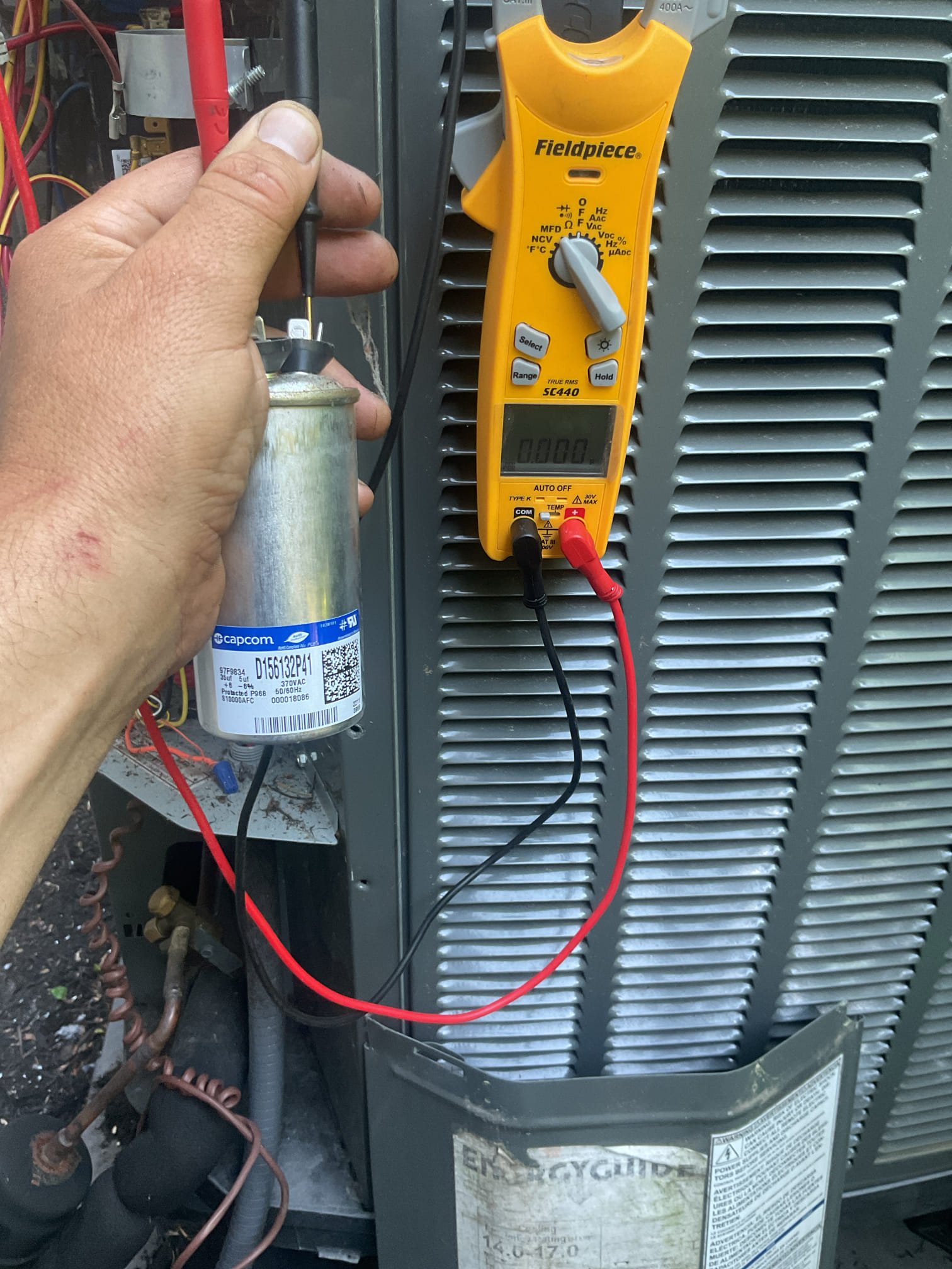 No cooling for Trane heat pump that serves the second floor. *Thermostat at the top of stairs.
Equipment was installed August 2022. 

Homeowners described only warm air coming from vents.

Found failed 35/5uF capacitor. Part is covered under a parts only warranty. 
Plan member price to replace is $285.60 as opposed to $330 non warranty.

Replaced and wired capacitor tested all aspects of system and cooling performance.
Megaohm test: Pass
16x20x5 filter clean.
Temperature split 20°
10° Subcooling: Excellent.

System operating well at this time. 
