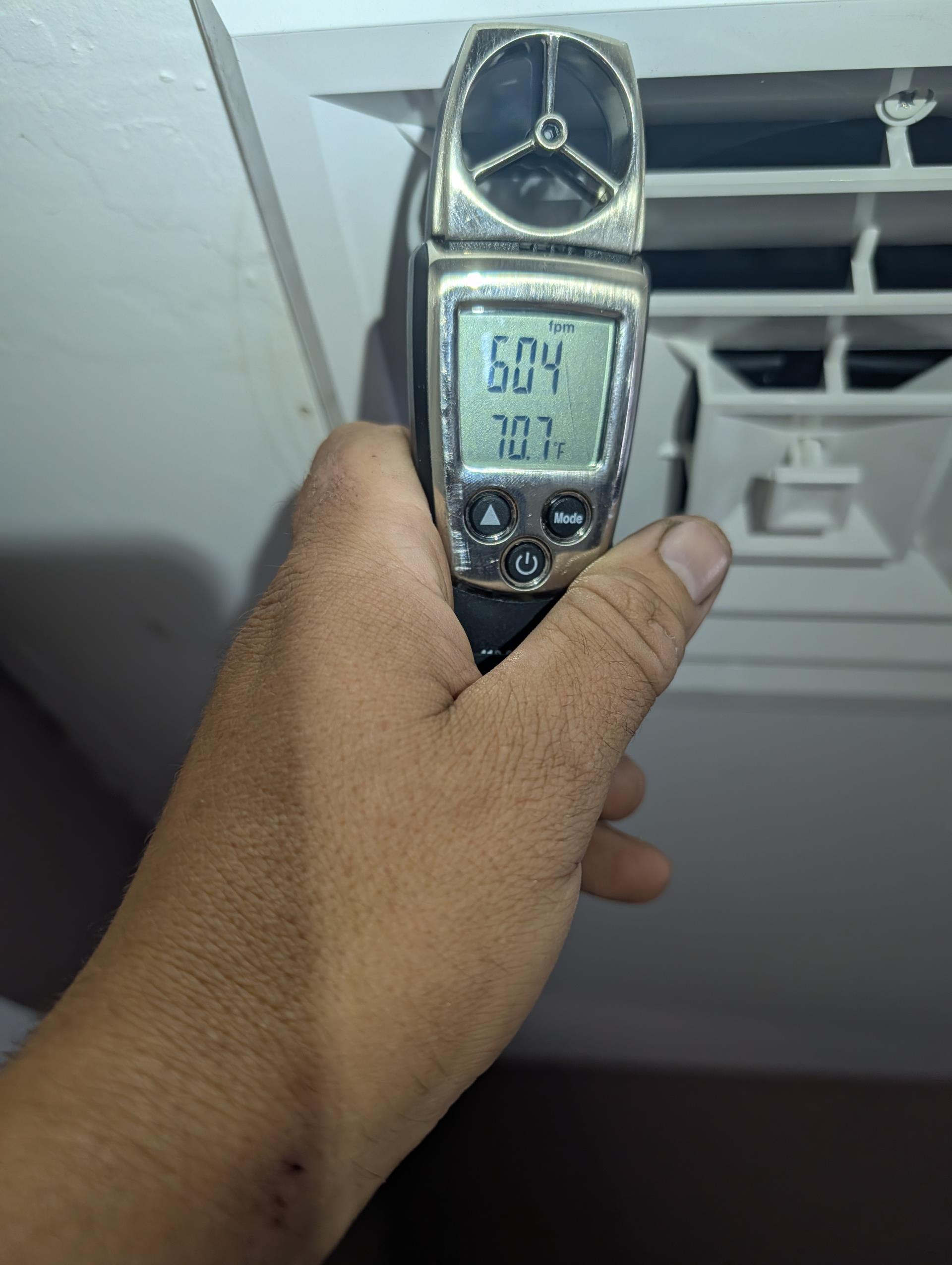 Arrived for QA.

Homeowner mentioned that it remains 10°-12° warmer than the setpoint during the hot days last week (88° outdoor temperature)
Target from each thermostat was 72° and each thermostat displayed around 82° 84°

He asked about where the return is for the second floor air handler. The bottom of the air handler is open. Air is polluting from second floor thru the bottom of air handler. No other easy way or designing a return, they plan on adding a door. I told them to use a door with grille or louvers 

He also said that thought the one 2nd Fl bedroom didn’t have enough air flow. Measured fps (feet per second) of air flow. It is around 500 fps very close to the other 2 supplies, 

Inspected all aspects of install: mechanical, ductwork connections, piping, wiring, etc.

Checked power monitor configuration: found undervoltage set to 224 I changed to 208. During peak times for the electric infrastructure the voltage can drop. This may have been what caused the system to not perf