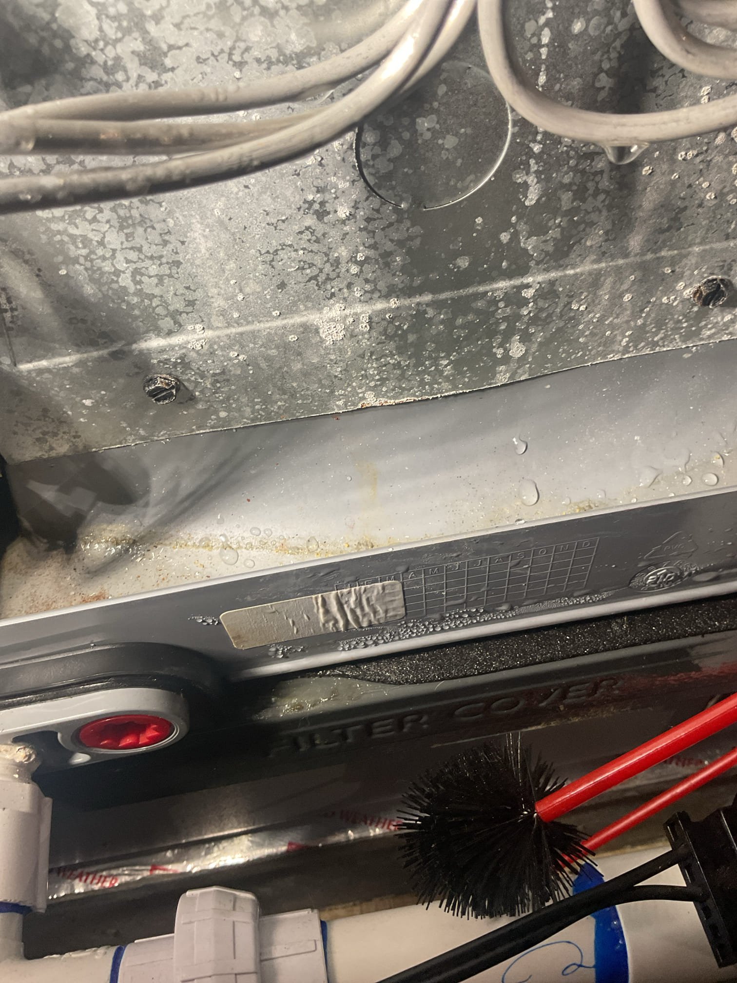 6/15/26. Kurt and mason. Fully assessed water leaking situation on 2021 amana heat pump system. Took off air handler panels. Found that the condensate was not backed up. Found there was a good bit of water in the bottom of return box that will continue to leak out for a while because you can’t get it all out. Found dirty Aprilaire 310air filter. Homeowner gave us a filter to replace. At this point more than likely the air filter caused it to freeze. Checked 410a refrigerant pressures they were 240/124 with 2 subcooling which was a little low but not horrible. A/c is working properly at time of service. 