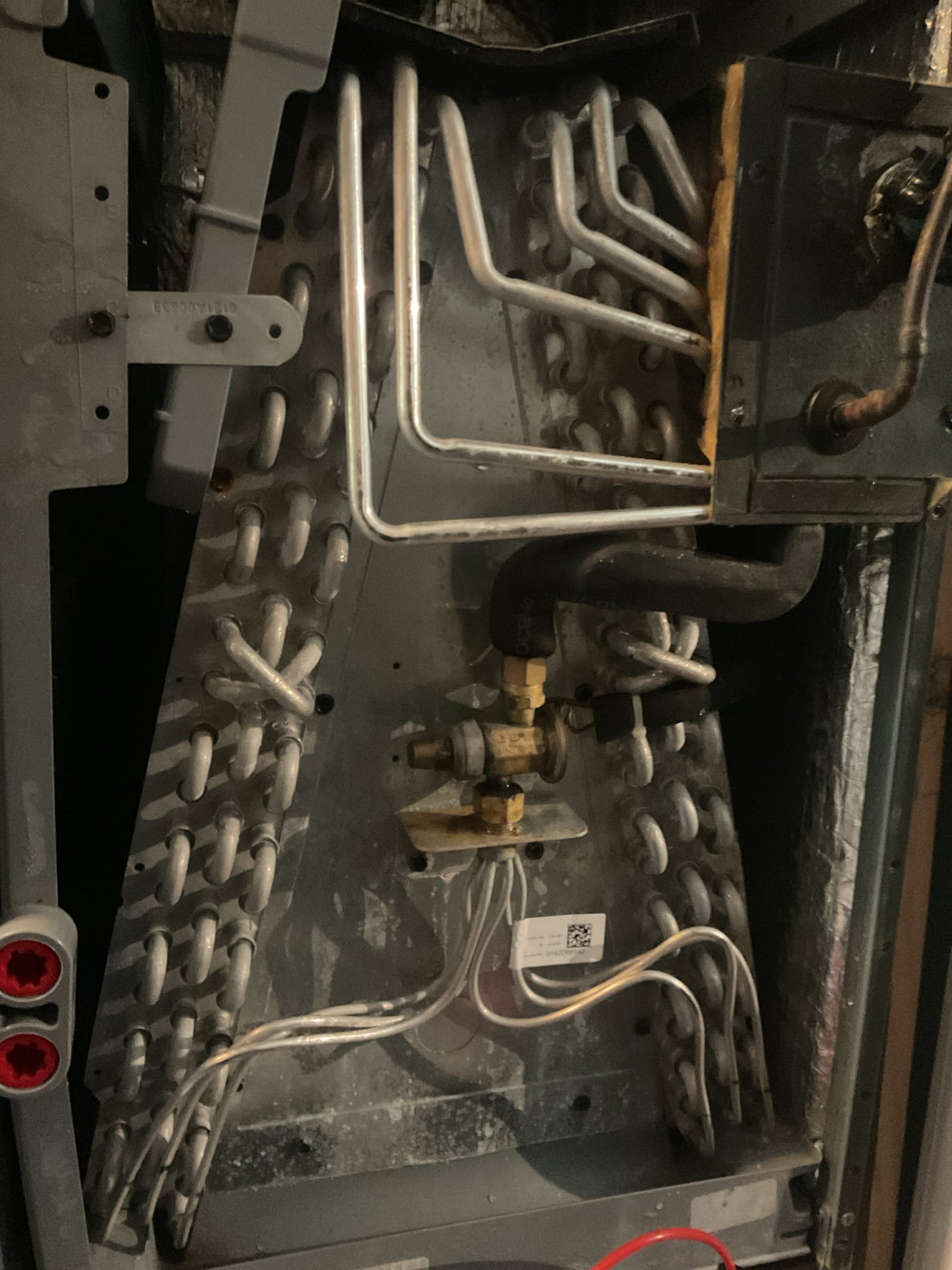 6/15/26. Kurt and mason. Fully assessed water leaking situation on 2021 amana heat pump system. Took off air handler panels. Found that the condensate was not backed up. Found there was a good bit of water in the bottom of return box that will continue to leak out for a while because you can’t get it all out. Found dirty Aprilaire 310air filter. Homeowner gave us a filter to replace. At this point more than likely the air filter caused it to freeze. Checked 410a refrigerant pressures they were 240/124 with 2 subcooling which was a little low but not horrible. A/c is working properly at time of service. 