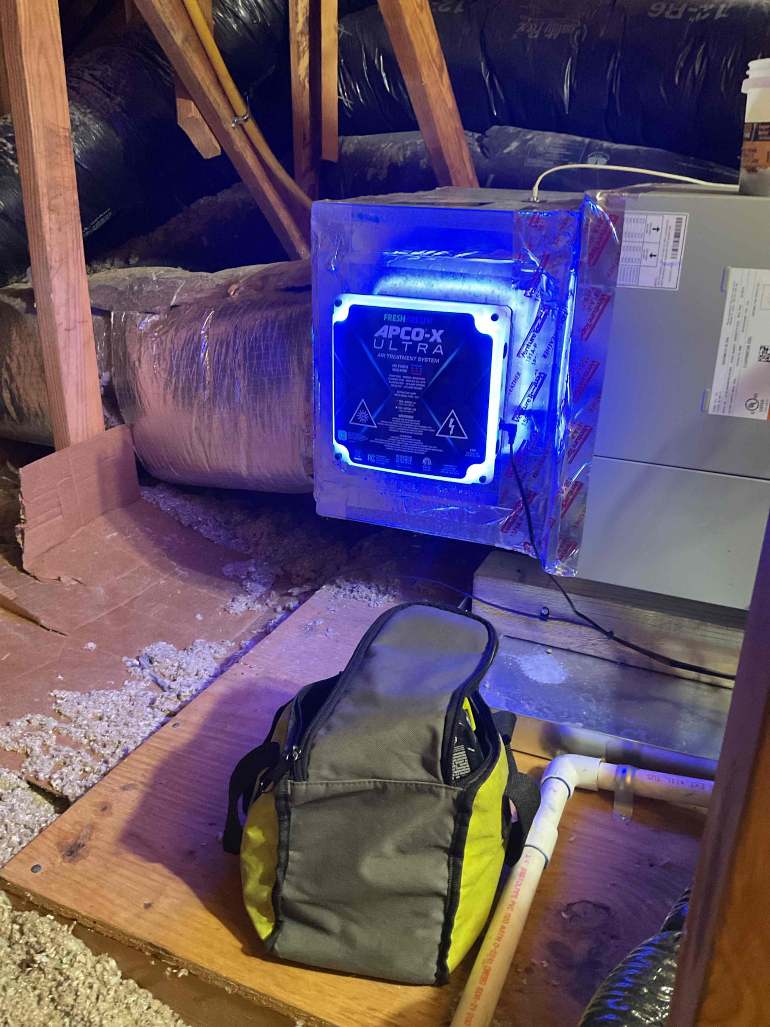 I arrived to the customers home to install a apco x air cleaner. I started with cutting the hole out of the supply plenum to mount the bracket that would hold the Apco. I installed the site glass in the top side of supply plenum  and then mounted the Apco x with the bulb. I Secured it with the screws provided, ran the power wire to the furnace with 40 VA transformer. I mounted and wired the 40 VA transformer to 120 V circuit and then wired into 24 V power for the apco x . I turned the system back on to be sure that the Apco X did turn on and  I did check the thermostat to see if the fan is in constant circulation or random circulation. I collected the remaining balance for $613.28 paid by cc. 