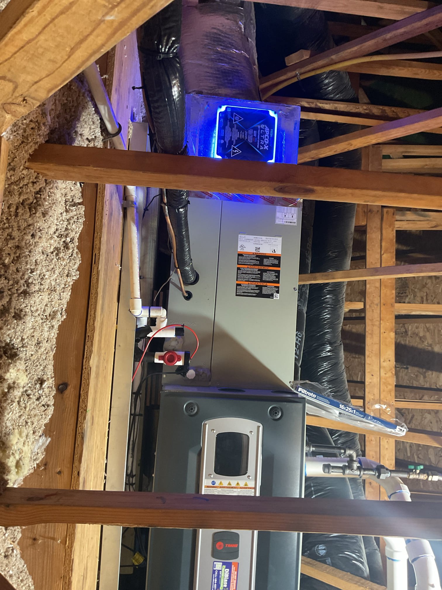 I arrived to the customers home to install a apco x air cleaner. I started with cutting the hole out of the supply plenum to mount the bracket that would hold the Apco. I installed the site glass in the top side of supply plenum  and then mounted the Apco x with the bulb. I Secured it with the screws provided, ran the power wire to the furnace with 40 VA transformer. I mounted and wired the 40 VA transformer to 120 V circuit and then wired into 24 V power for the apco x . I turned the system back on to be sure that the Apco X did turn on and  I did check the thermostat to see if the fan is in constant circulation or random circulation. I collected the remaining balance for $613.28 paid by cc. 
