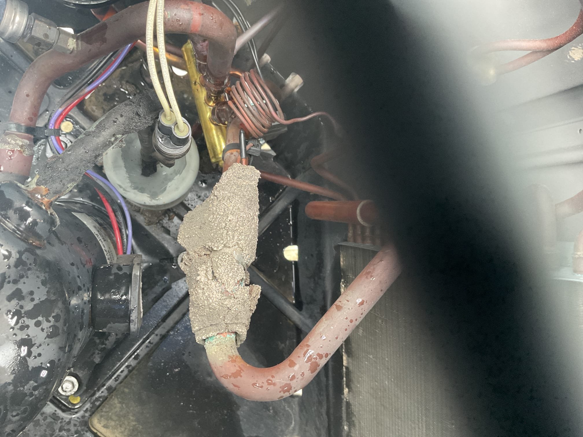 6/23/26. Un sweat old reversing valve from heat pump system. Brazed in new reversing valve in its place. Also replaced by flow filter dryer. Pressure tested and soap checked at 300 psi nitrogen. Vacuumed down system and added 6 lbs 3 ozs of r410a. Tested heat pump in cooling mode. R410a refrigerant pressures were 237/145 with 4 subcooling, high return temperature. Checked temperature split was 17 degrees. A/c is working at time of service. 
