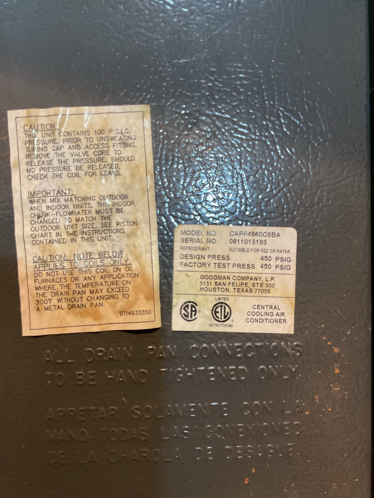 Completed AC tune up for 3 Ton Goodman AC system
19 years old 

Replaced 20x20x1 filter. Cleaned the 12x12 basement filter in floor grille. Homeowner will order 12x12x1. 
There is a pop in the return drop when blower ramps up and shuts down. This is fairly common, not a concern. 
Blower wheel has considerable amount of dirt build up. Provided estimate to remove blower wheel and clean wheel and housing. Will improve/increase air flow if cleaned. 
Indoor has some rust as to be expected given age of system; outdoor coil in good condition 
Inspected wiring, controls, electric motors and components; left estimates for surge protectors 
Measured temperature split (18.5) and static pressure 
Inspected drains; cleared EZ trap, tested pump; added treatment tabs to drain pan. Recommend installing a water safety that will
 Shut equipment down if water is detected on floors near indoor equipment. Provided estimate for wet switch, 
Checked integrity of compressor motor (mega ohm test)

Assessed ref