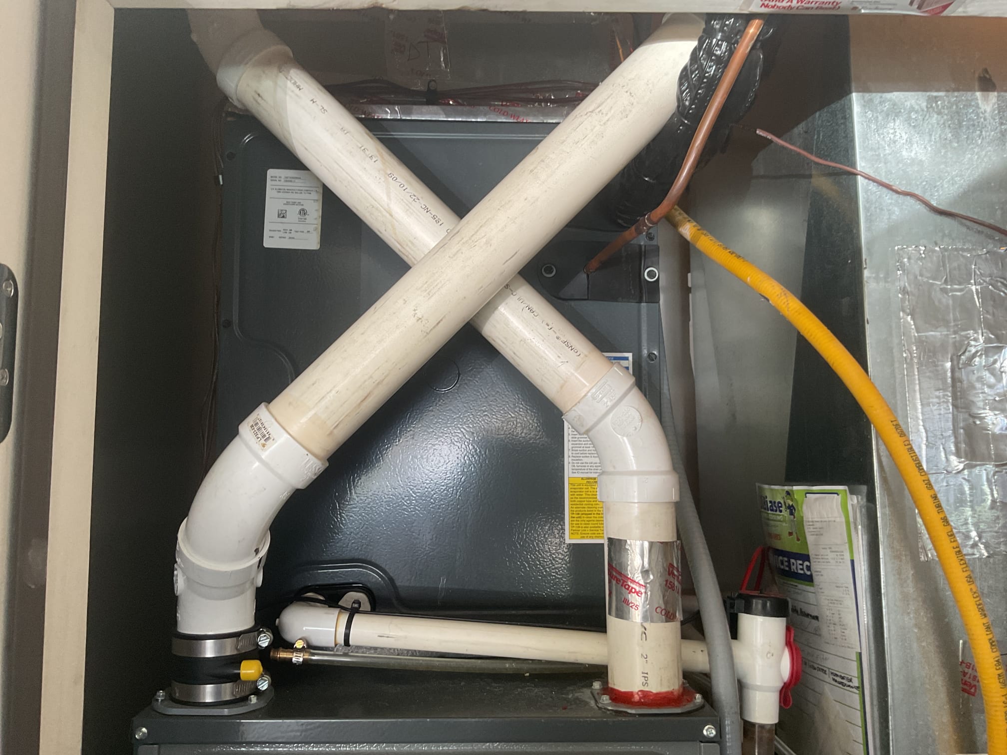 6/24/26. Performed precision a/c tune up on 2023 amana a/c system. Replaced 16x25x4 air filter. Checked all electrical connections and components. Brushed and flushed out condensation drain. Tested outdoor capacitor. Checked refrigerant pressures and temperatures. Found outside condenser coil was very dirty. Recommend chemically cleaning outdoor coil. Cleaned coil and tested operation. A/c is working properly at time of service. 