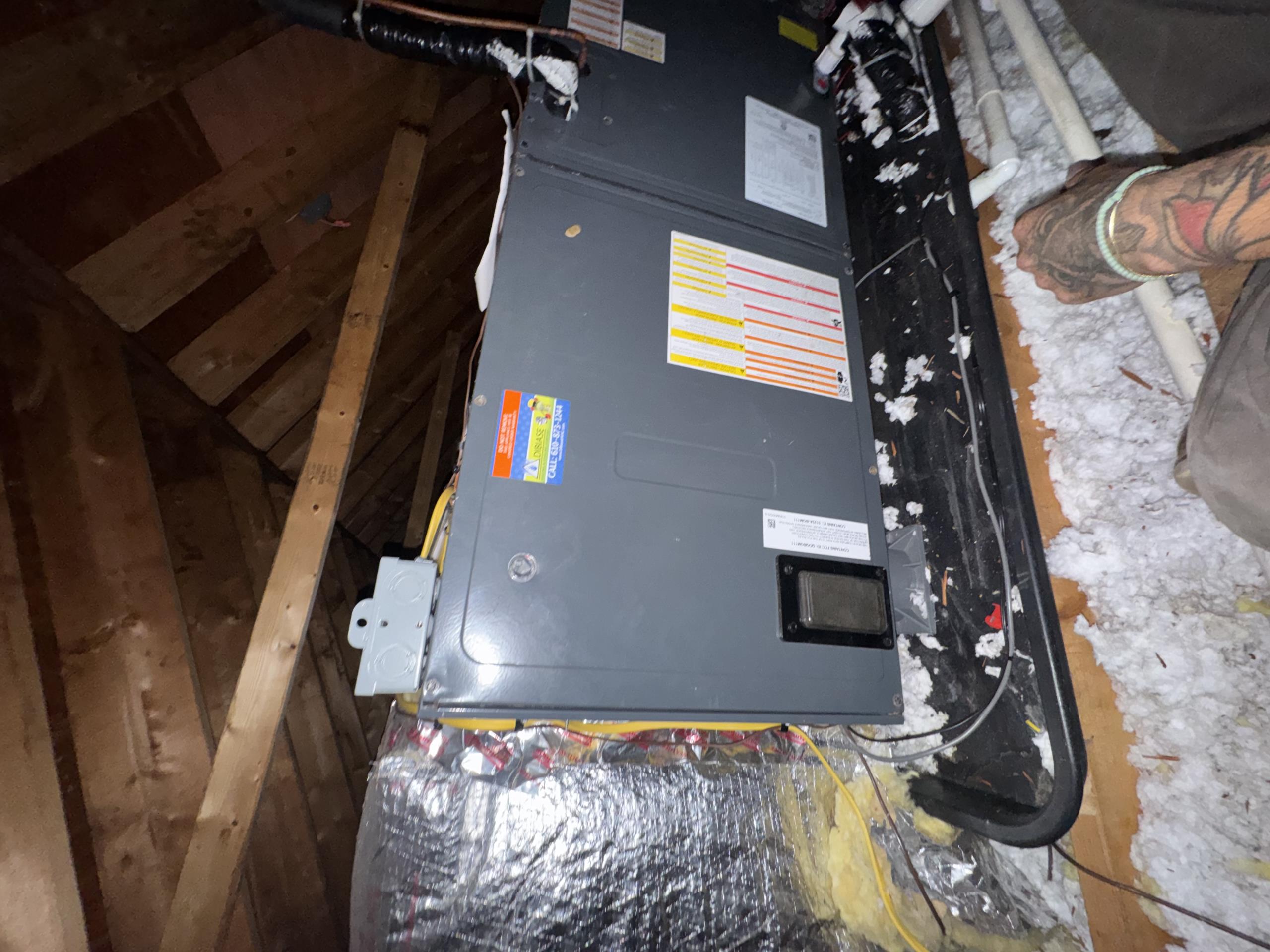 Attic air handler/hp system-(AMANA)
-Arrived on site and spoke with customer 
-Was told she had gotten her roof done yesterday and the ac unit stopped working last night 
-Located tstat/AC and proceeded with diagnostic
-Made sure system was calling for cool mode (27v)
-Indoor unit was operable but outdoor system wasn’t running
-Low circuit fault code was present on outdoor unit 
-Verified pressures and system was completely flat on refrigerant 
-Pressurized system and was able to pinpoint the leak
-Leak was created by a nail puncturing the copper liquid line 
-Cut damaged pipe off and re-piped/brazed copper so no more leaks were present 
-Pressurized system again making sure system held pressure 
-Put system under vacuum (500 microns) and charged accordingly (total charge=15lbs 5oz)
-Tested operation and now system is operable and maintaining temp°